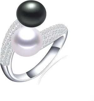 Pearl Ring Open Twist Stacking Rings for Women Freshwater Bread Pearl with Zirconia Adjustable Crossover Statement Ring Band
