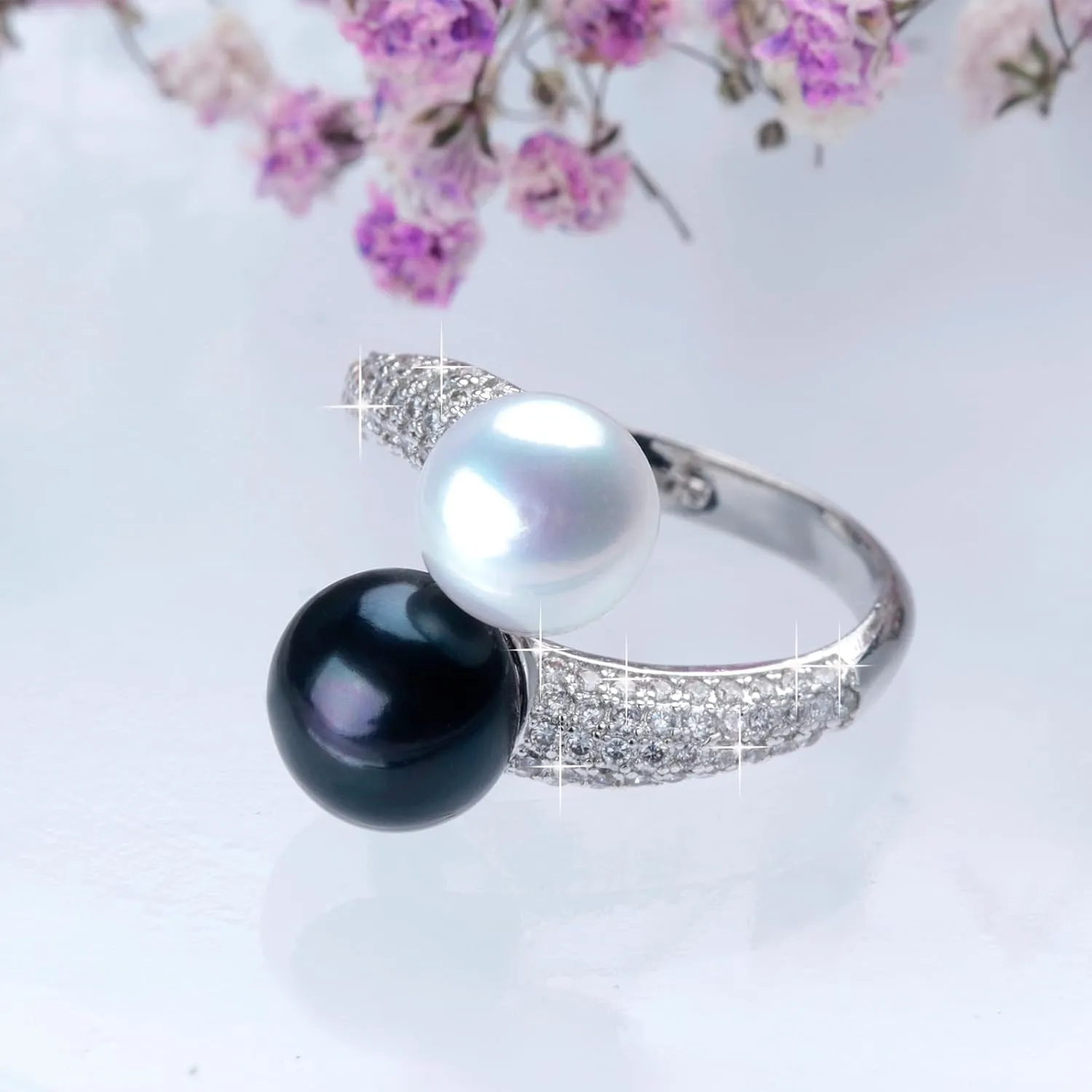 Pearl Ring Open Twist Stacking Rings for Women Freshwater Bread Pearl with Zirconia Adjustable Crossover Statement Ring Band