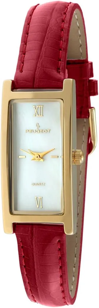 Peugeot Ladies retagular Gold-Tone Watch with a Mother of Pearl dial and red Genuine Leather Strap