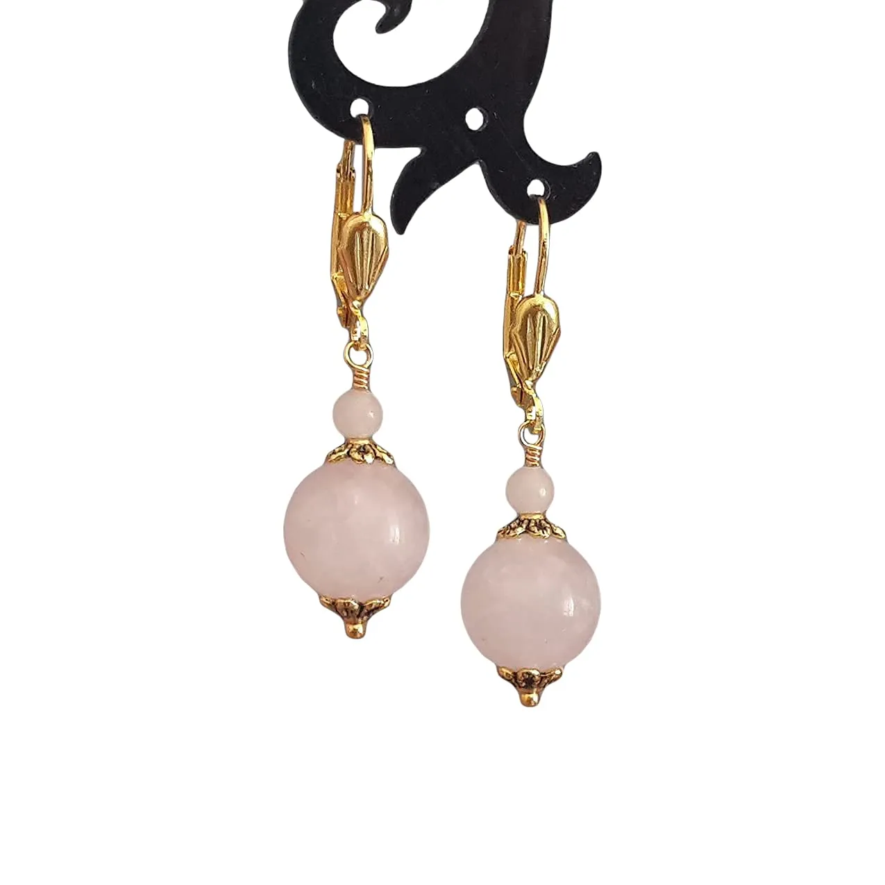 Pink Rose Quartz Earrings Round Dangles Jewelry for Women Gold Plated Lever Backs in Gift Box