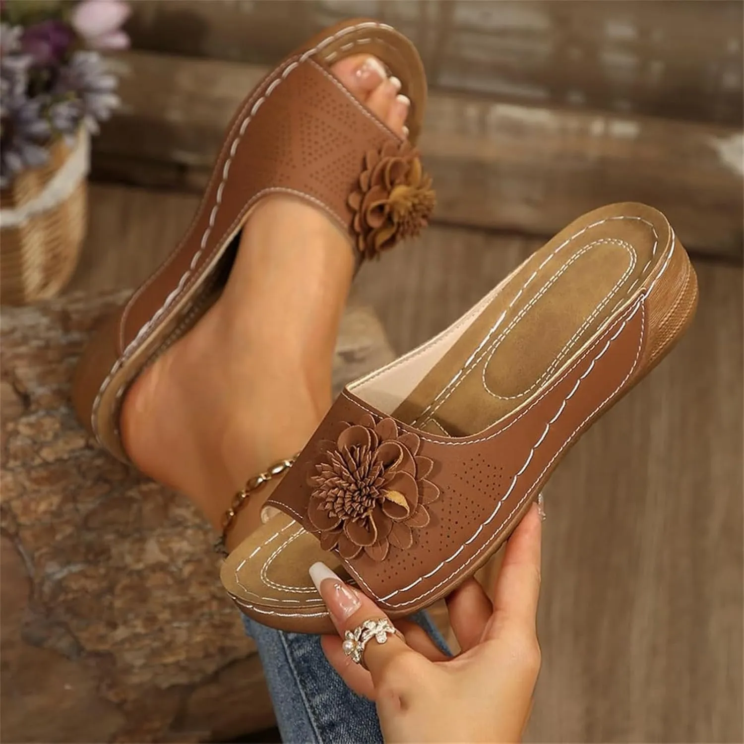 Platform Sandals Women Summer Beach Sandals Fashion Flower Fish Mouth Open Toe Leather Mesh Comfy Wedge Sandal Low Open Toe Slides Ladies Dressy Slipper Shoes
