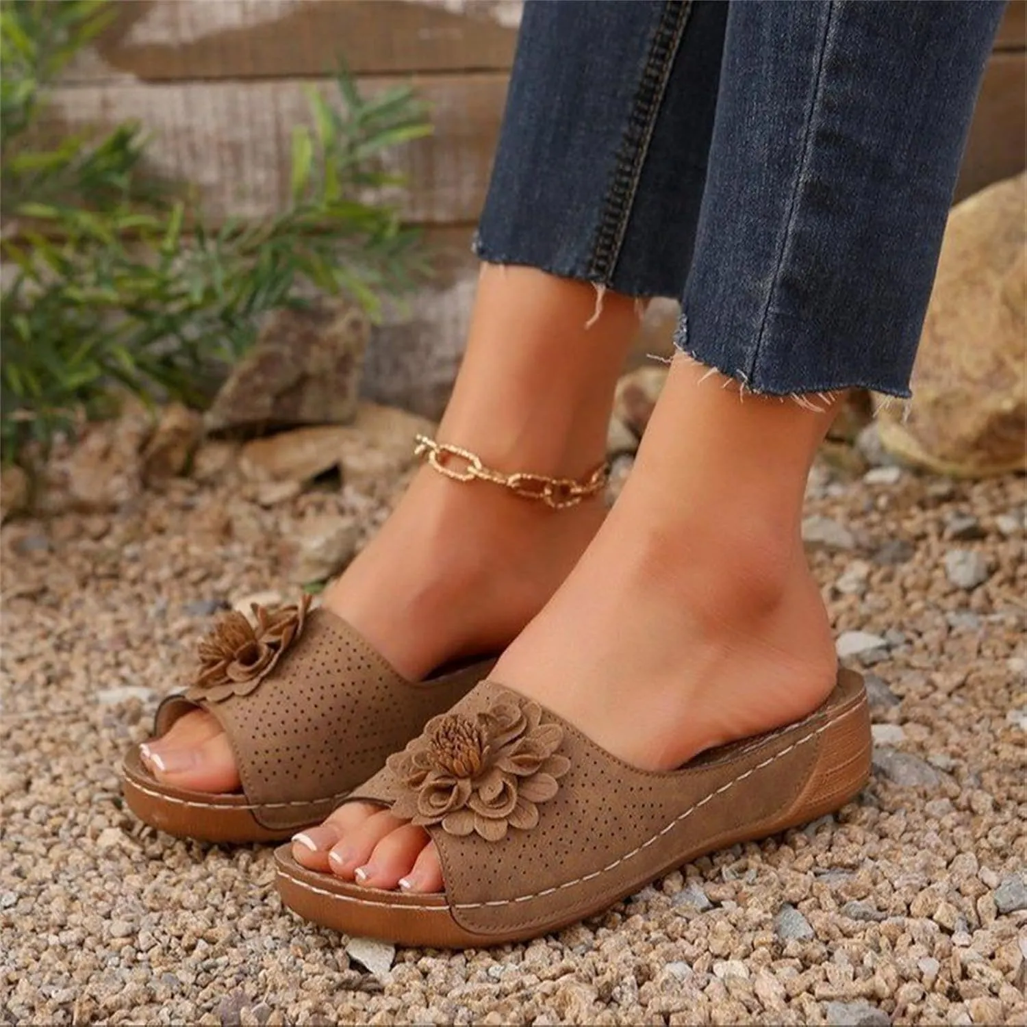Platform Sandals Women Summer Beach Sandals Fashion Flower Fish Mouth Open Toe Leather Mesh Comfy Wedge Sandal Low Open Toe Slides Ladies Dressy Slipper Shoes