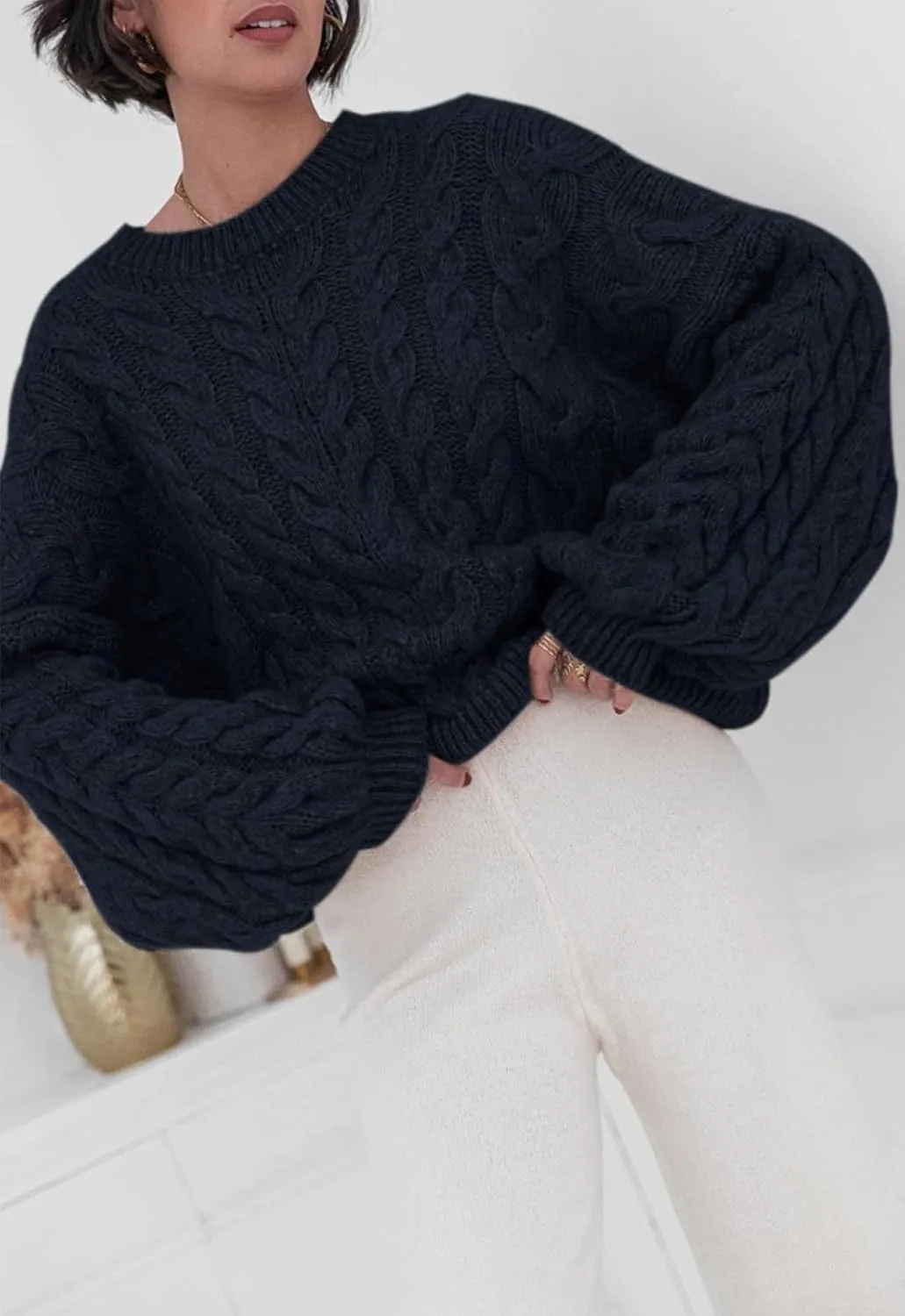 PRETTYGARDEN Womens Sweaters Spring 2025 Cable Knit Long Sleeve Crewneck Oversized Sweater Chunky Pullover Loose Outfits