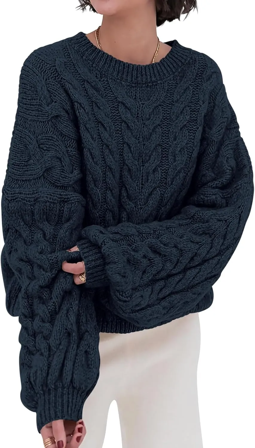 PRETTYGARDEN Womens Sweaters Spring 2025 Cable Knit Long Sleeve Crewneck Oversized Sweater Chunky Pullover Loose Outfits