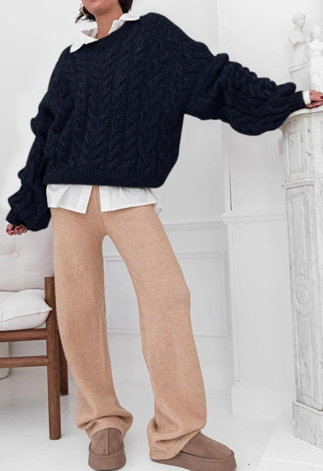PRETTYGARDEN Womens Sweaters Spring 2025 Cable Knit Long Sleeve Crewneck Oversized Sweater Chunky Pullover Loose Outfits