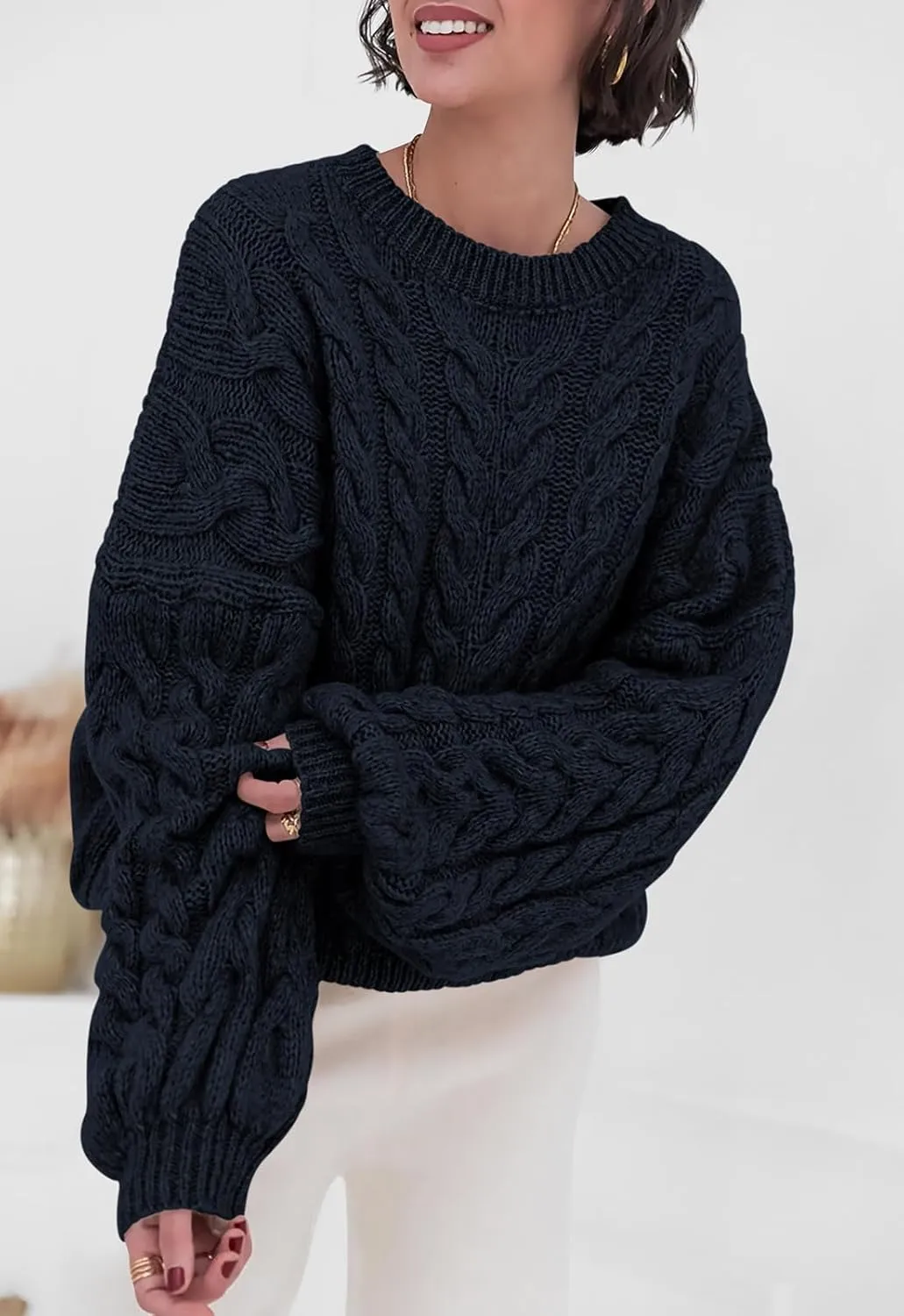 PRETTYGARDEN Womens Sweaters Spring 2025 Cable Knit Long Sleeve Crewneck Oversized Sweater Chunky Pullover Loose Outfits