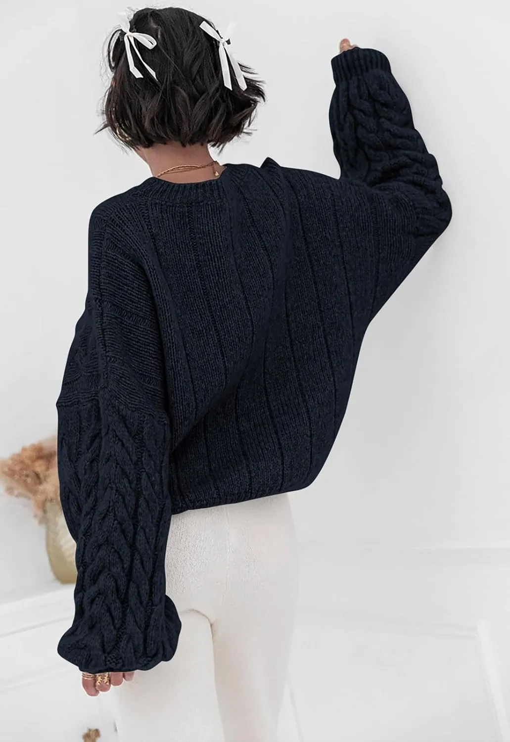 PRETTYGARDEN Womens Sweaters Spring 2025 Cable Knit Long Sleeve Crewneck Oversized Sweater Chunky Pullover Loose Outfits