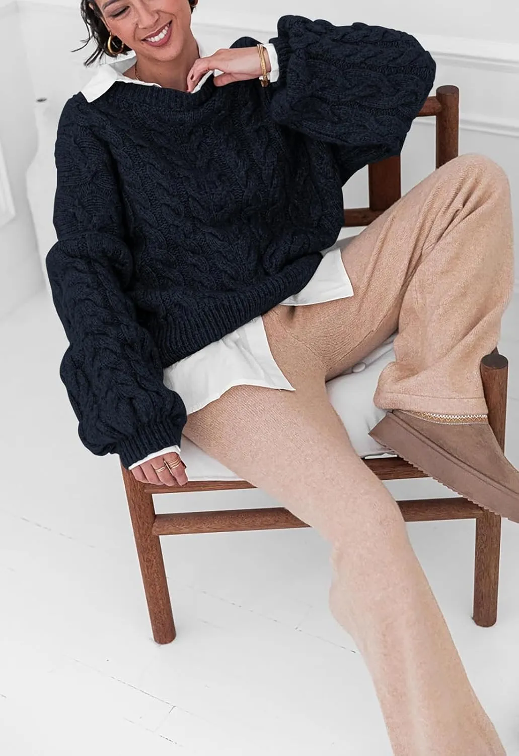 PRETTYGARDEN Womens Sweaters Spring 2025 Cable Knit Long Sleeve Crewneck Oversized Sweater Chunky Pullover Loose Outfits