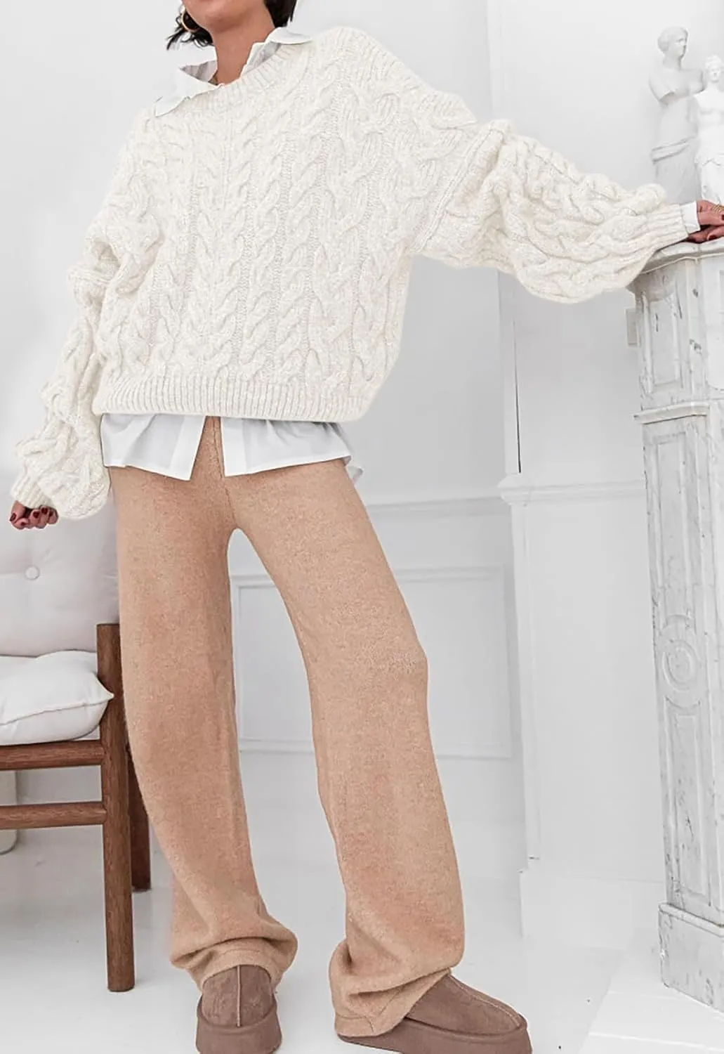 PRETTYGARDEN Womens Sweaters Spring 2025 Cable Knit Long Sleeve Crewneck Oversized Sweater Chunky Pullover Loose Outfits