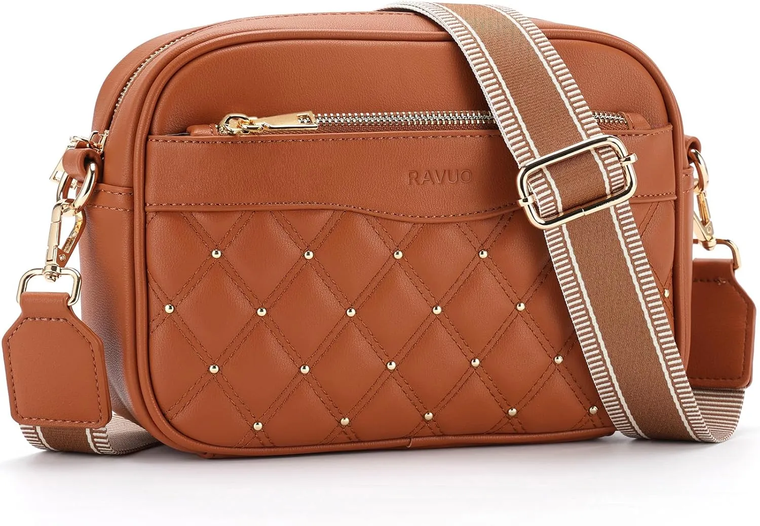 RAVUO Crossbody Bags for Women, Trendy PU Leather Quilted Shoulder Handbags Purse with Adjustable Wide Strap