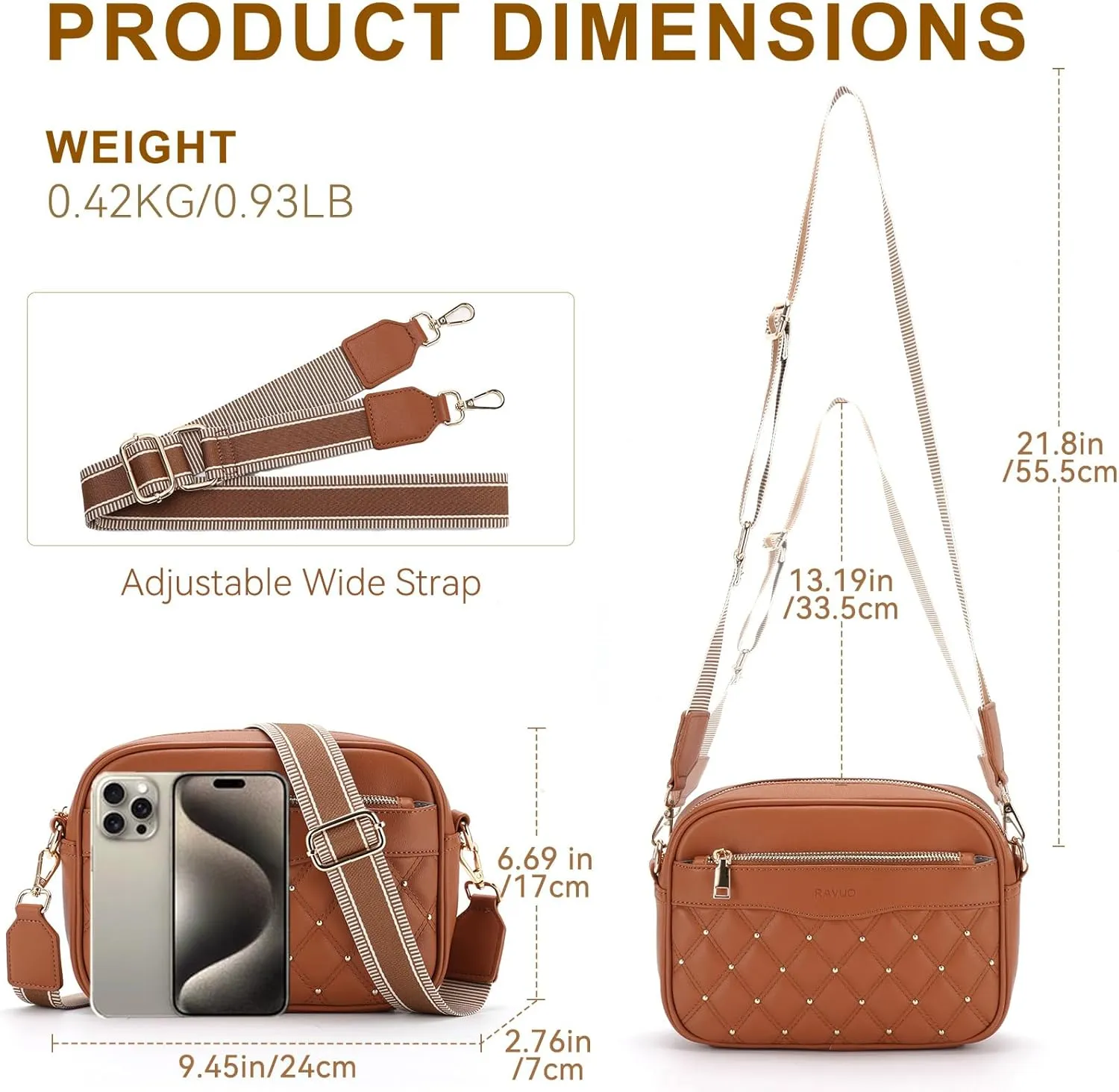 RAVUO Crossbody Bags for Women, Trendy PU Leather Quilted Shoulder Handbags Purse with Adjustable Wide Strap