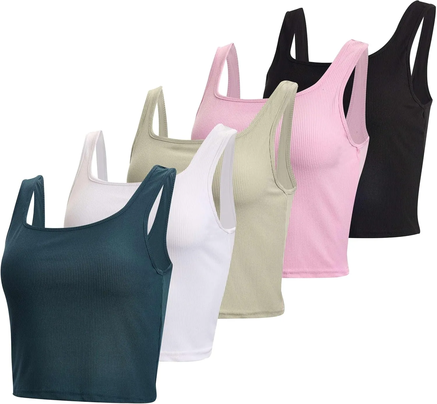 Real Essentials 5 Pack: Women's Soft Knit Ribbed Square Neck Cropped Tank Top - Sleeveless Crop Tops
