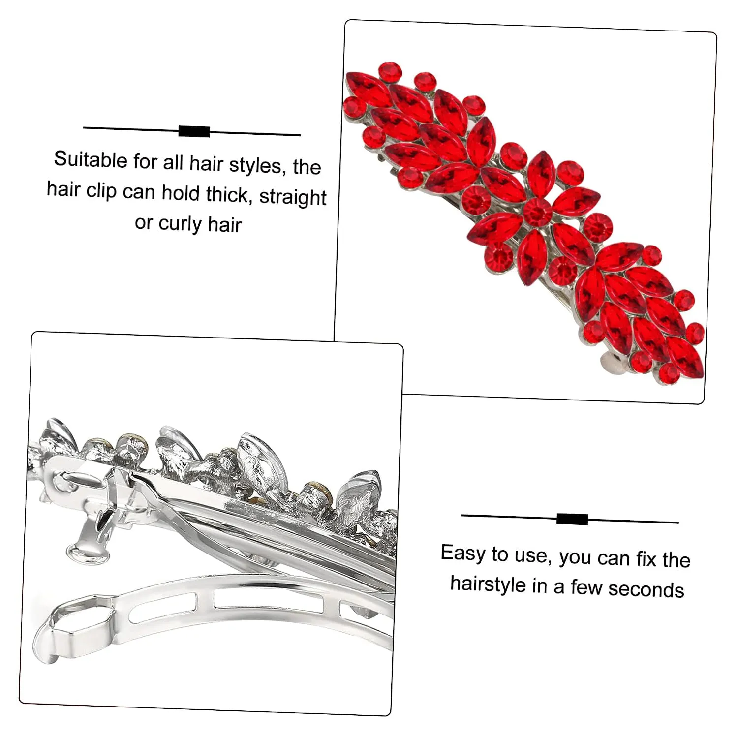 Red Austrian Hair Barrettes, Sparkly Zircon Crystal Hair Clips French Dedign Bridal Fashion Bling Rhinestons Hairpins, Wedding Hairgrip Hair Headwear Accessories for Women Girls Bride Bridesm