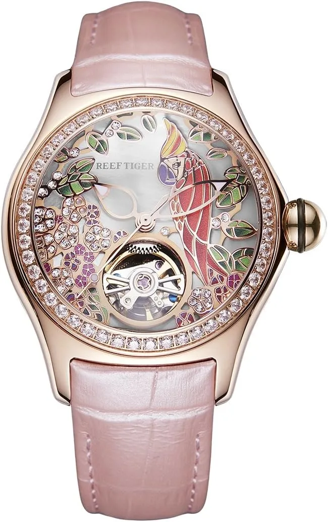 REEF TIGER Womens Luxury Fashion Watches Waterproof Watches Diamonds Pink Dial Automatic Watches RGA7105