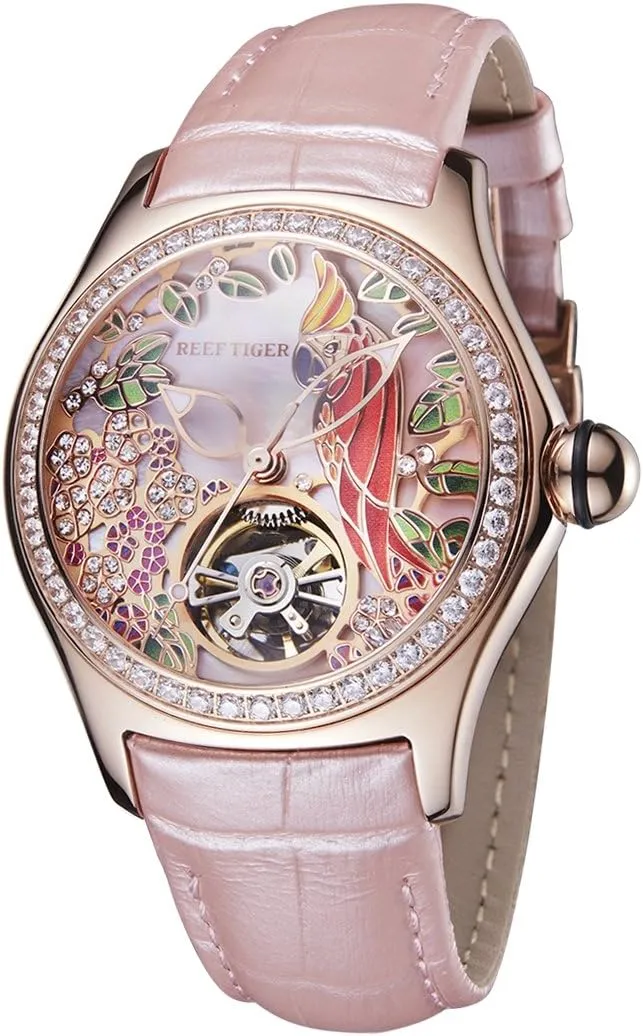 REEF TIGER Womens Luxury Fashion Watches Waterproof Watches Diamonds Pink Dial Automatic Watches RGA7105