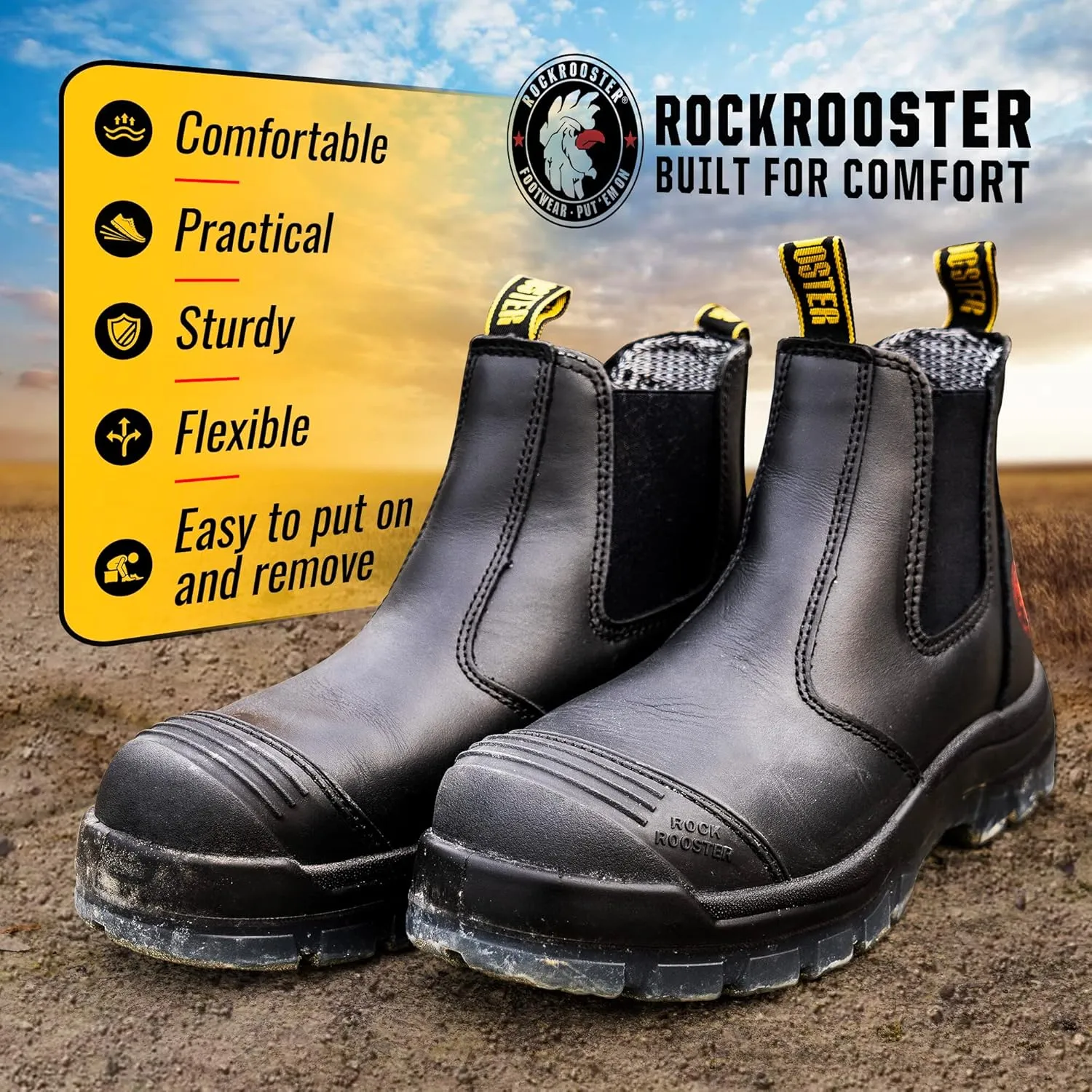 ROCKROOSTER Mens Work Boots, 6 inch Steel Toe, Pull On Safety Leather Chelsea Work Shoes Static Dissipative(AK227, AK222)