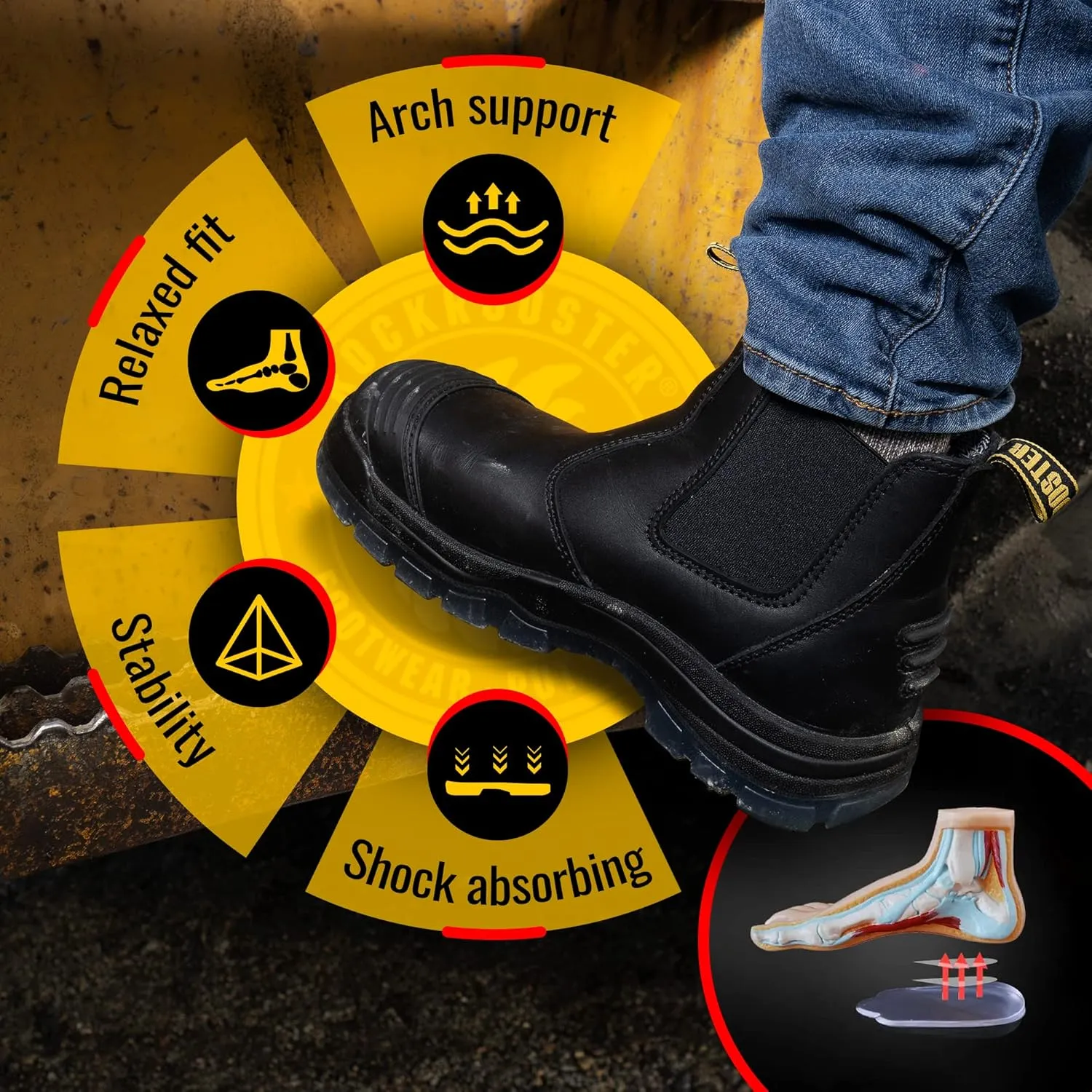 ROCKROOSTER Mens Work Boots, 6 inch Steel Toe, Pull On Safety Leather Chelsea Work Shoes Static Dissipative(AK227, AK222)