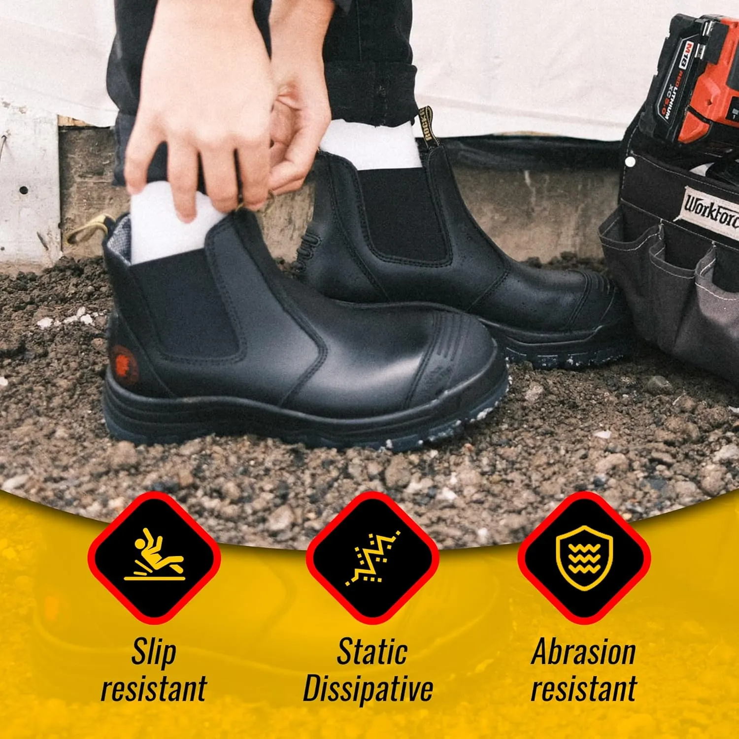 ROCKROOSTER Mens Work Boots, 6 inch Steel Toe, Pull On Safety Leather Chelsea Work Shoes Static Dissipative(AK227, AK222)