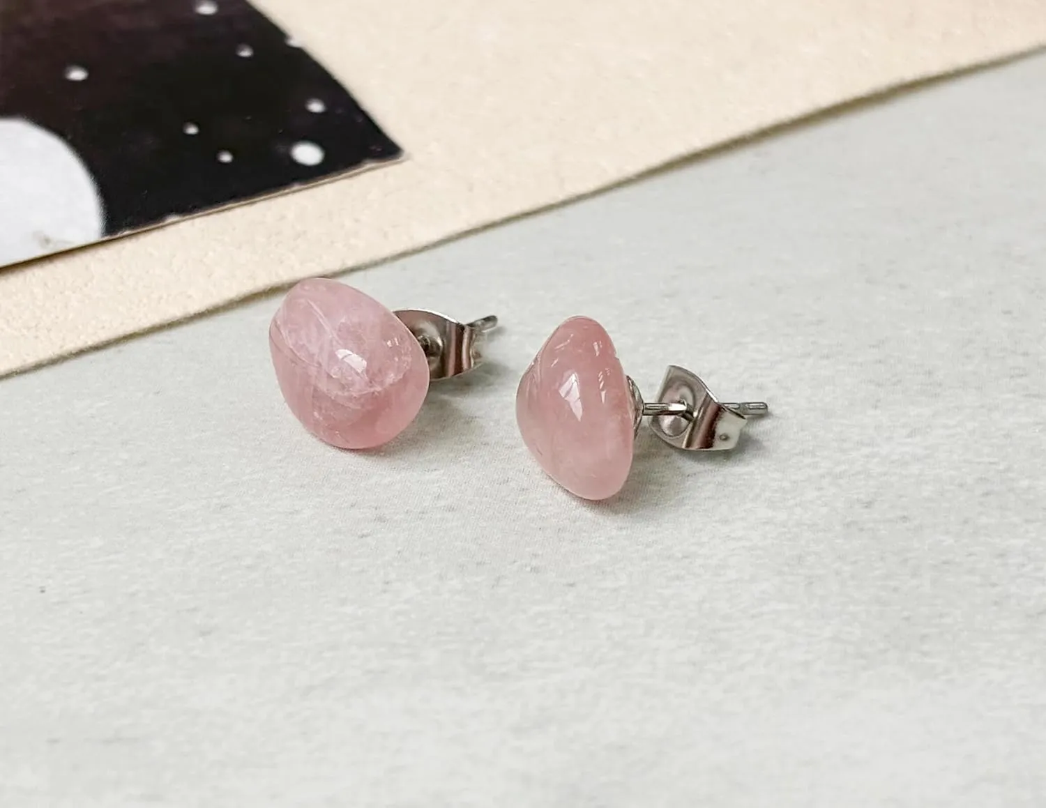 Rose Quartz Earrings, Pink Stud Earrings for Women, Stainless Steel Stud Earrings, Handmade Earrings for July Birthstone Jewelry