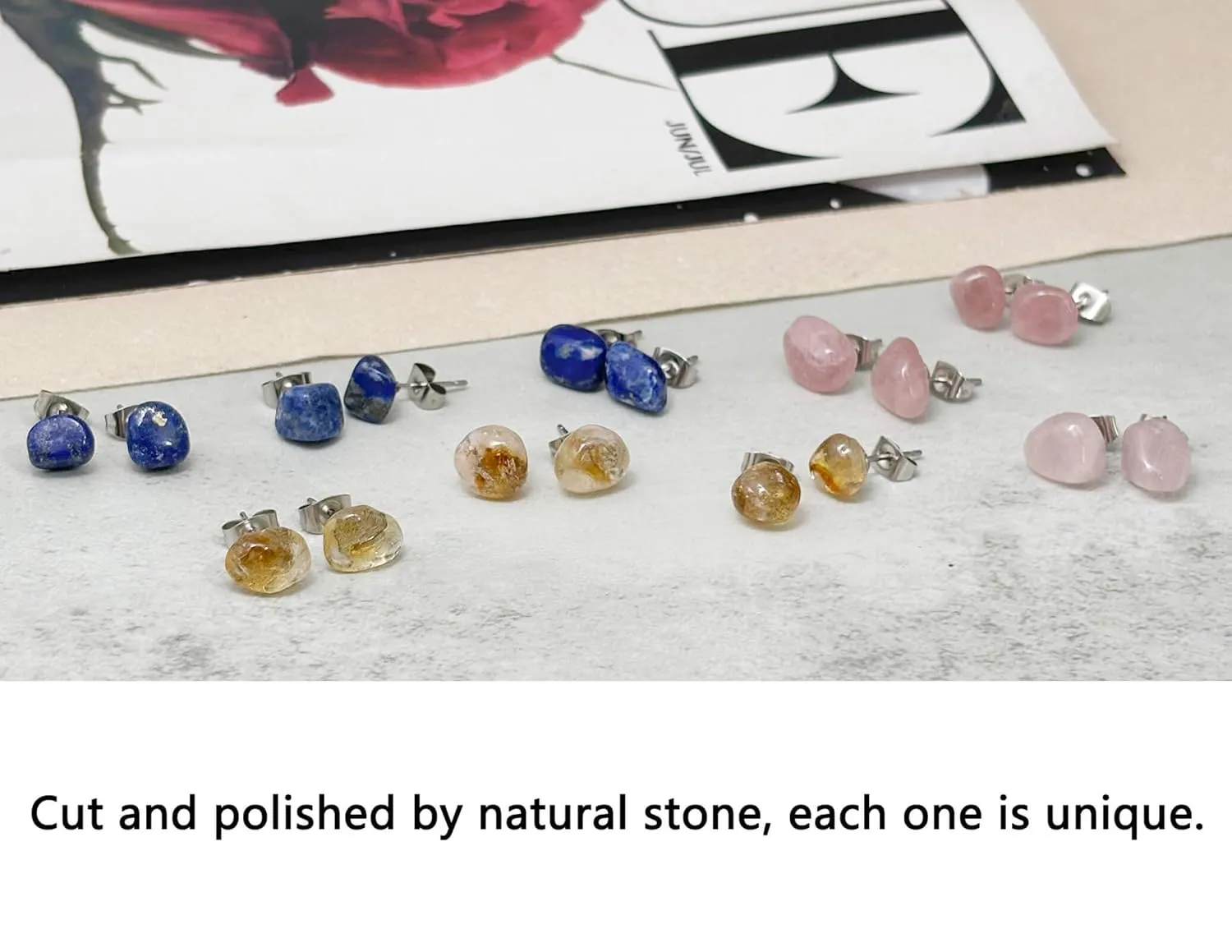 Rose Quartz Earrings, Pink Stud Earrings for Women, Stainless Steel Stud Earrings, Handmade Earrings for July Birthstone Jewelry