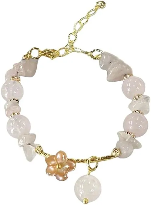 Rose Quartz Flower Bracelet for Women Gold Plated Charm Handmade Gemstone Beaded Adjustable Dainty Accessory Fashion Jewelry for Daughter