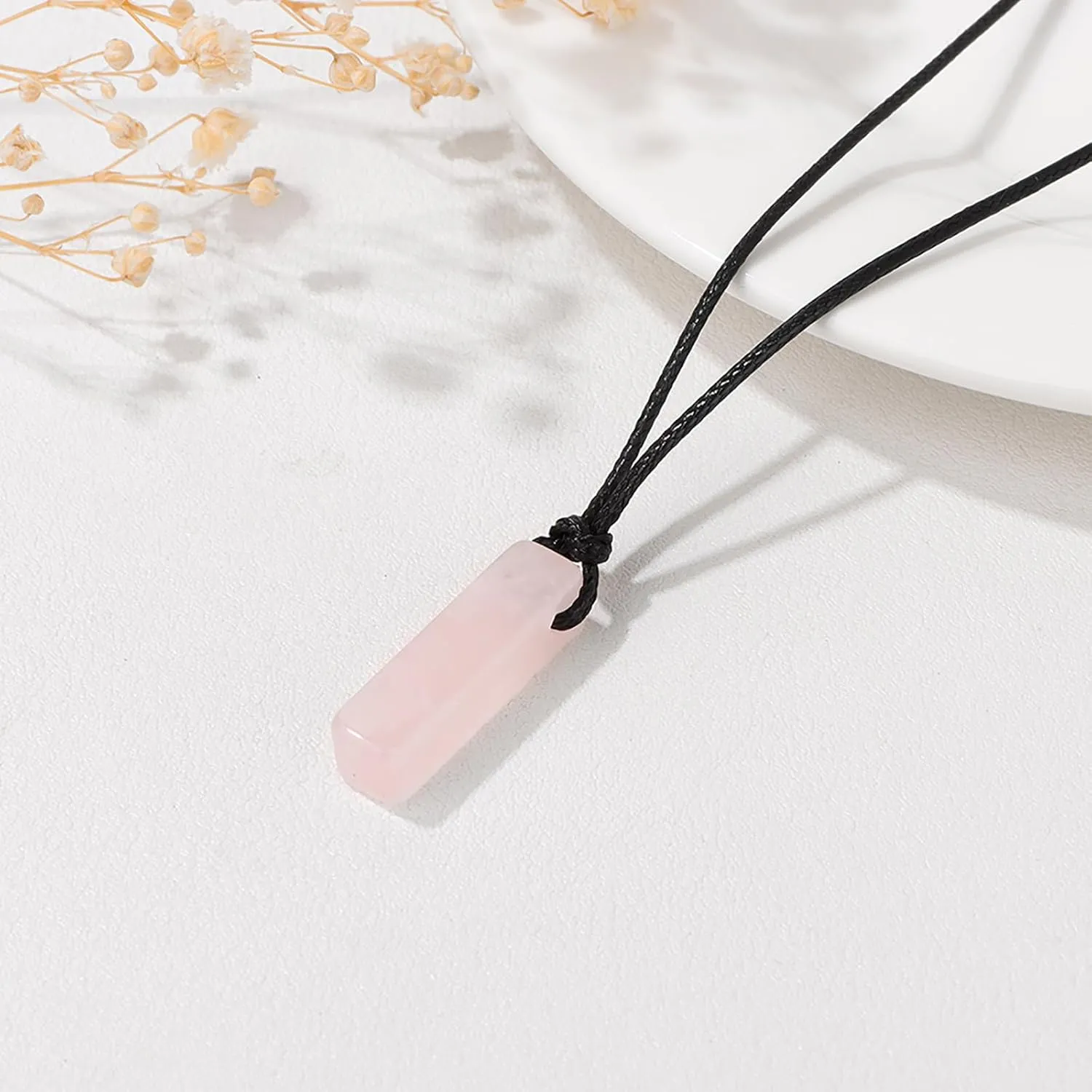 Rose Quartz Necklace for Men Women Rose Quartz Pendant Necklace Rope Adjustable Pink Crystal Necklace Natural Stone Necklace Rose Quartz Jewelry Rose Quartz Gifts for Women Men