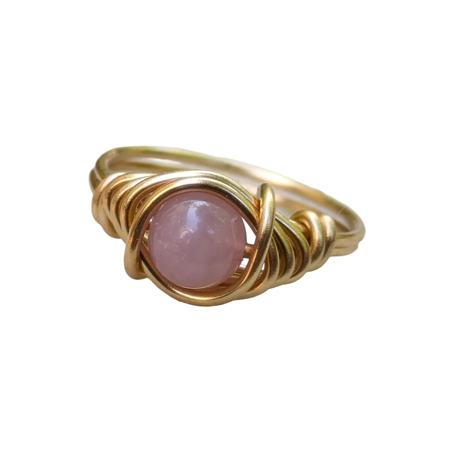 Rose Quartz Ring Wire Wrapped Crystal Jewelry for Taurus and Libra Zodiac Signs (Solid Gaux Gold, 6.5)