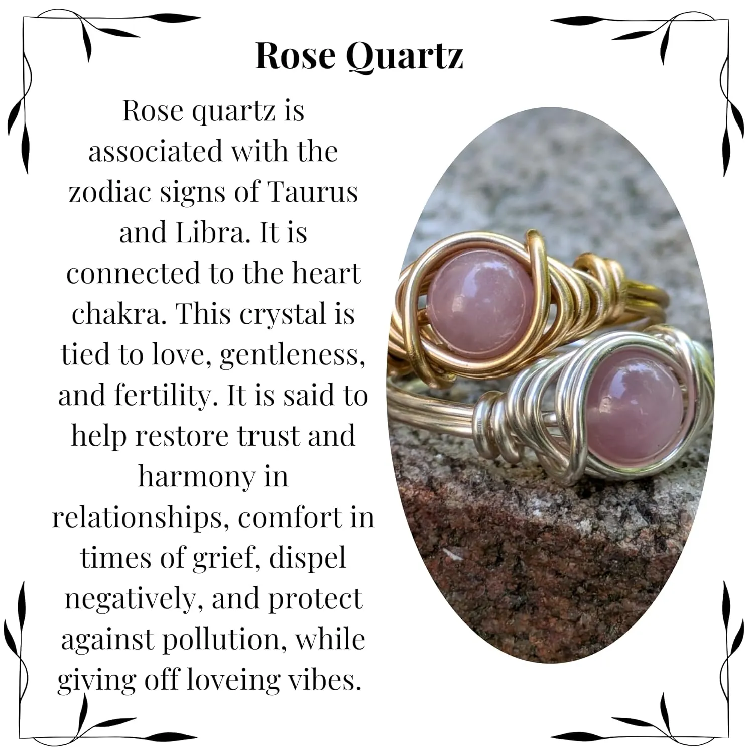 Rose Quartz Ring Wire Wrapped Crystal Jewelry for Taurus and Libra Zodiac Signs (Solid Gaux Gold, 6.5)