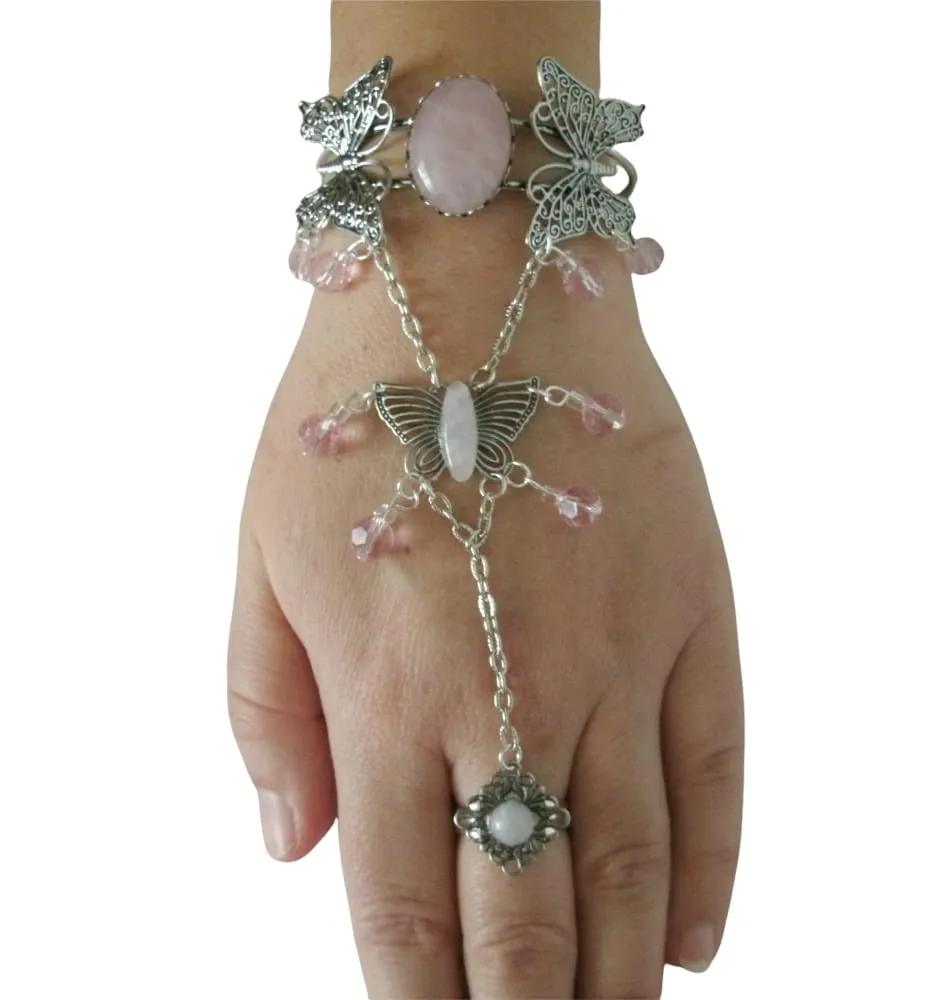 Rose Quartz Slave Bracelet, handmade jewelry butterfly victorian art deco hand chain art nouveau nature