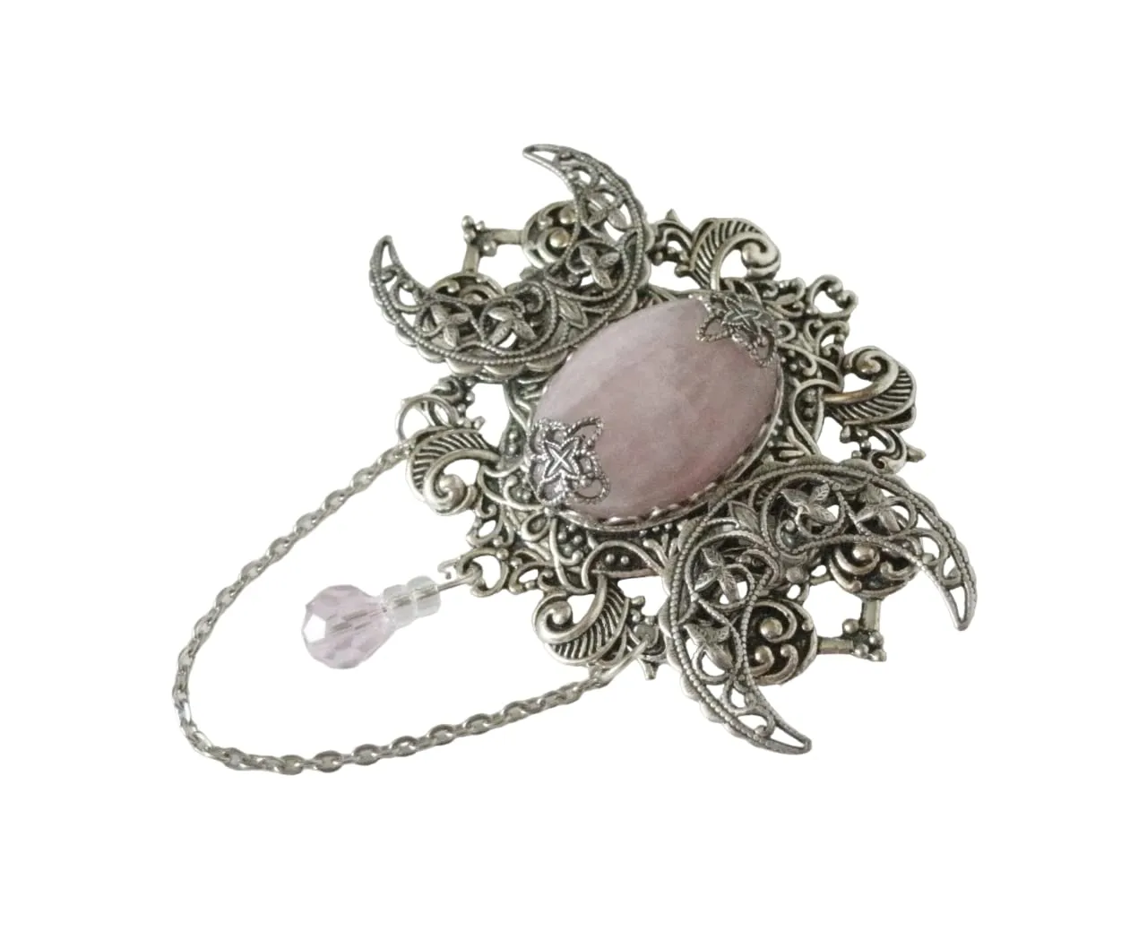Rose Quartz Triple Moon Brooch handmade jewelry wiccan pagan wicca goddess witch witchcraft cloak pin