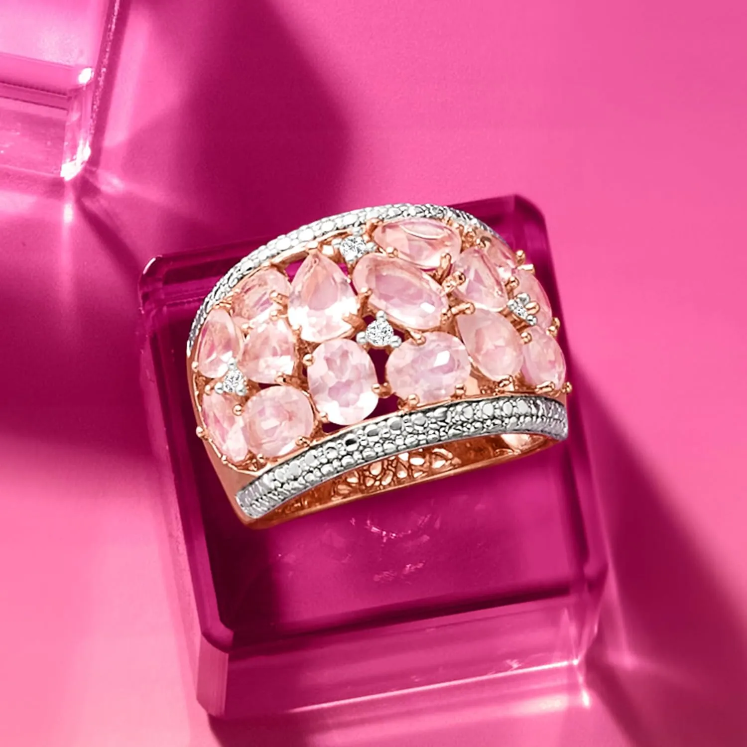 Ross-Simons 5.95 ct. t.w. Rose Quartz Dome Ring With Diamonds in 18kt Rose Gold Over Sterling