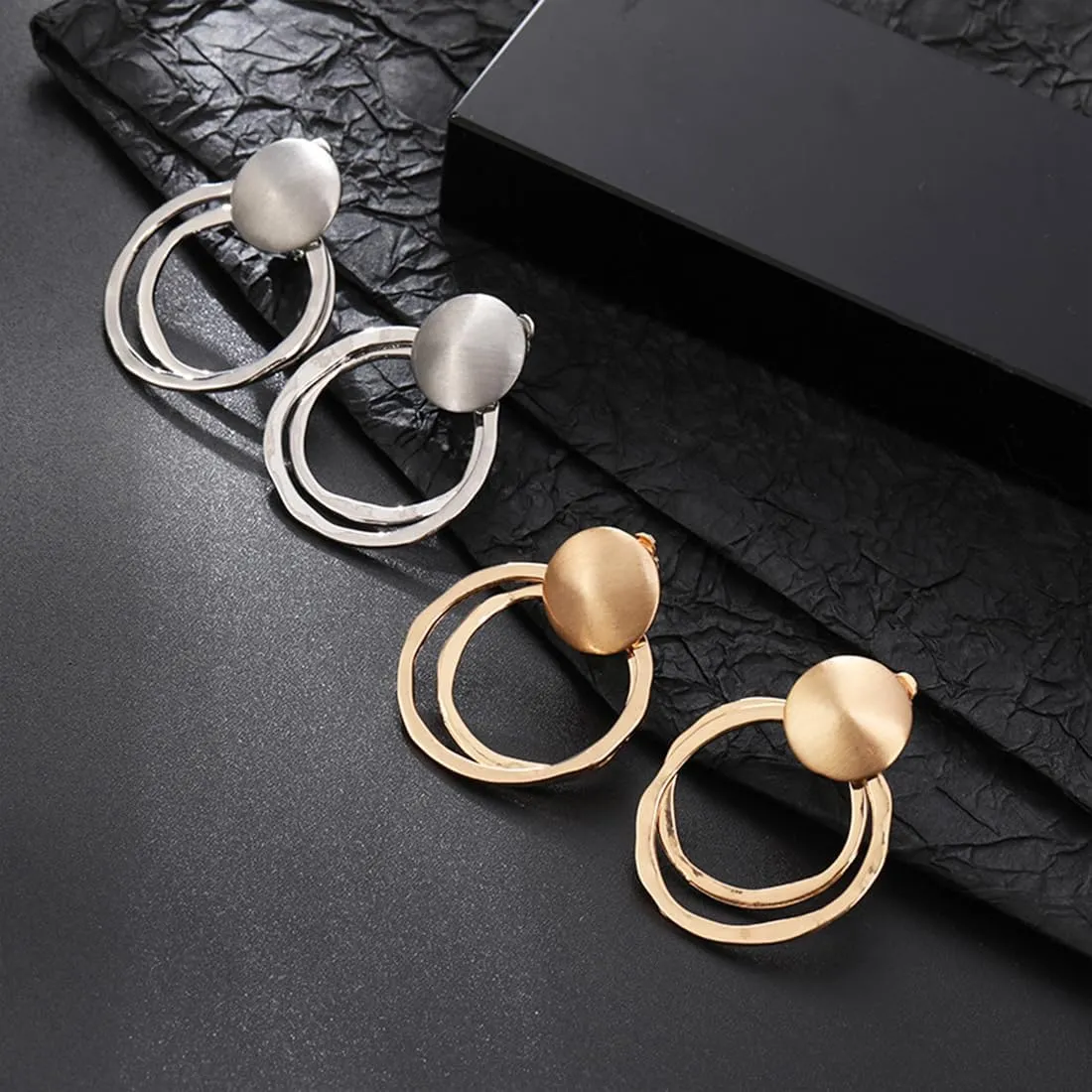 Round Matte Metal Silver Gold Clip On Not Pierced Stud Dangle Drop Earrings for Women