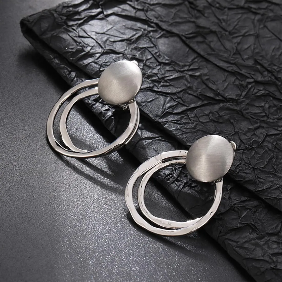 Round Matte Metal Silver Gold Clip On Not Pierced Stud Dangle Drop Earrings for Women