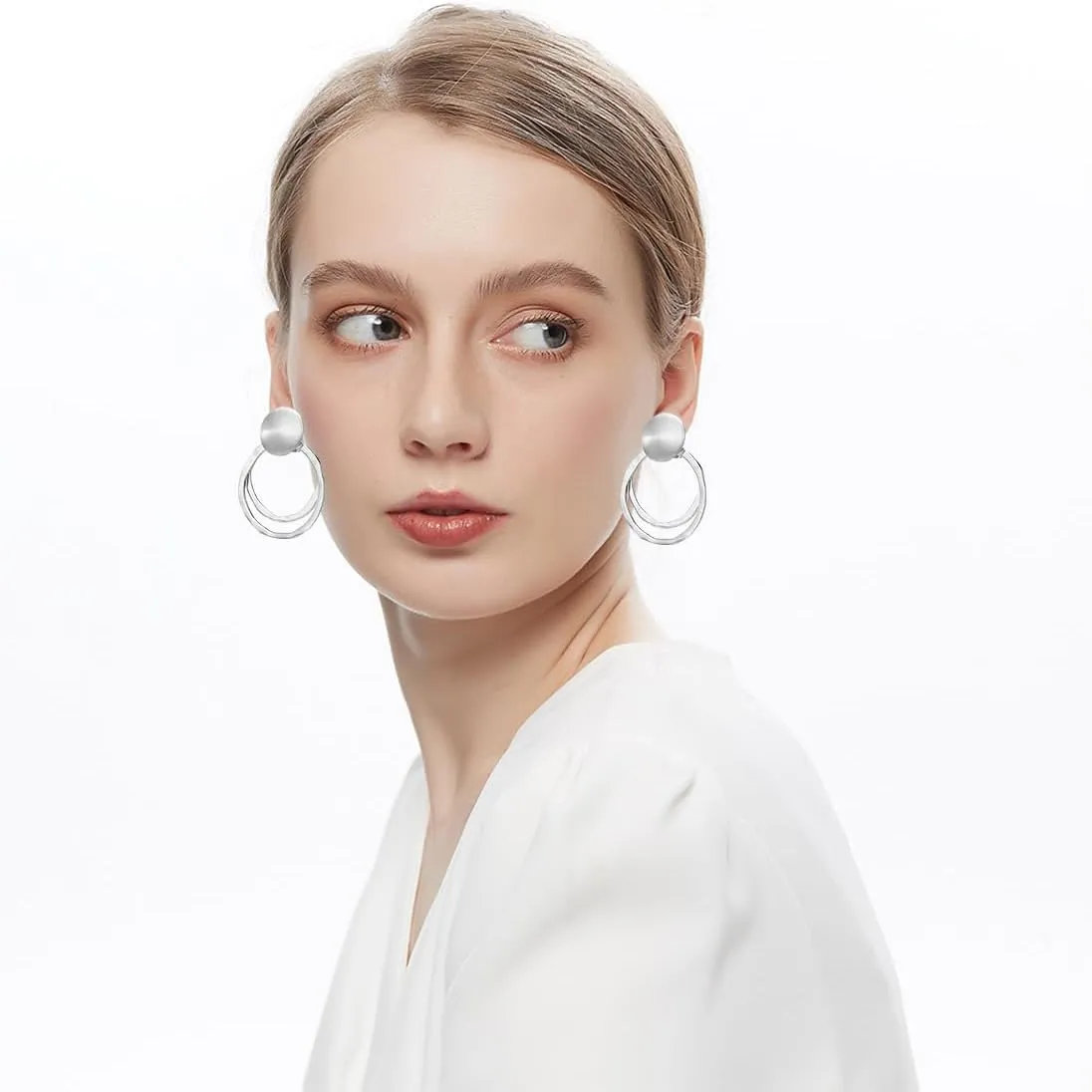 Round Matte Metal Silver Gold Clip On Not Pierced Stud Dangle Drop Earrings for Women