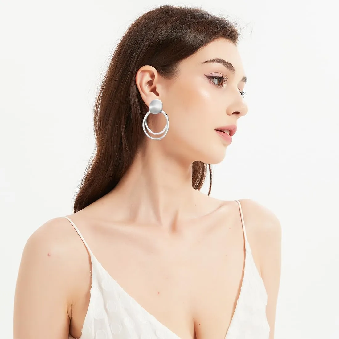 Round Matte Metal Silver Gold Clip On Not Pierced Stud Dangle Drop Earrings for Women