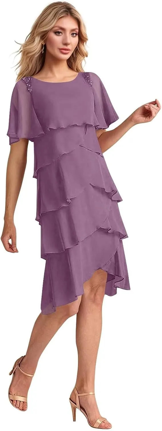 Ruffled Tiered Mother of The Bride Dresses for Women Chiffon Short Wedding Guest Dress with Sleeves