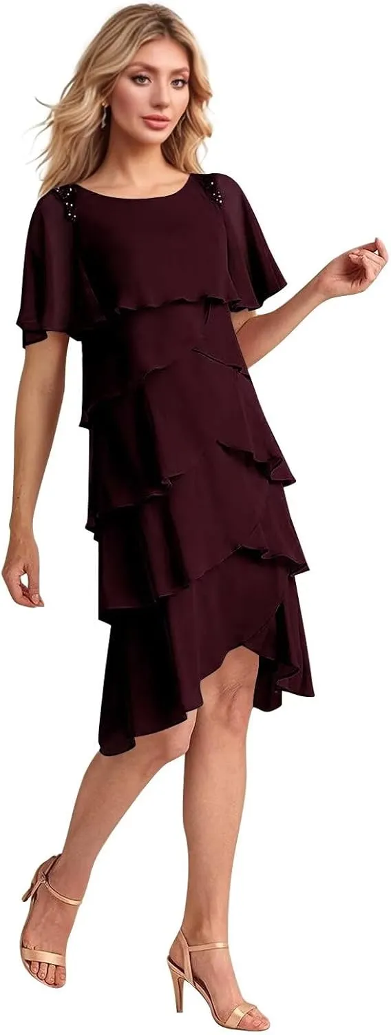 Ruffled Tiered Mother of The Bride Dresses for Women Chiffon Short Wedding Guest Dress with Sleeves