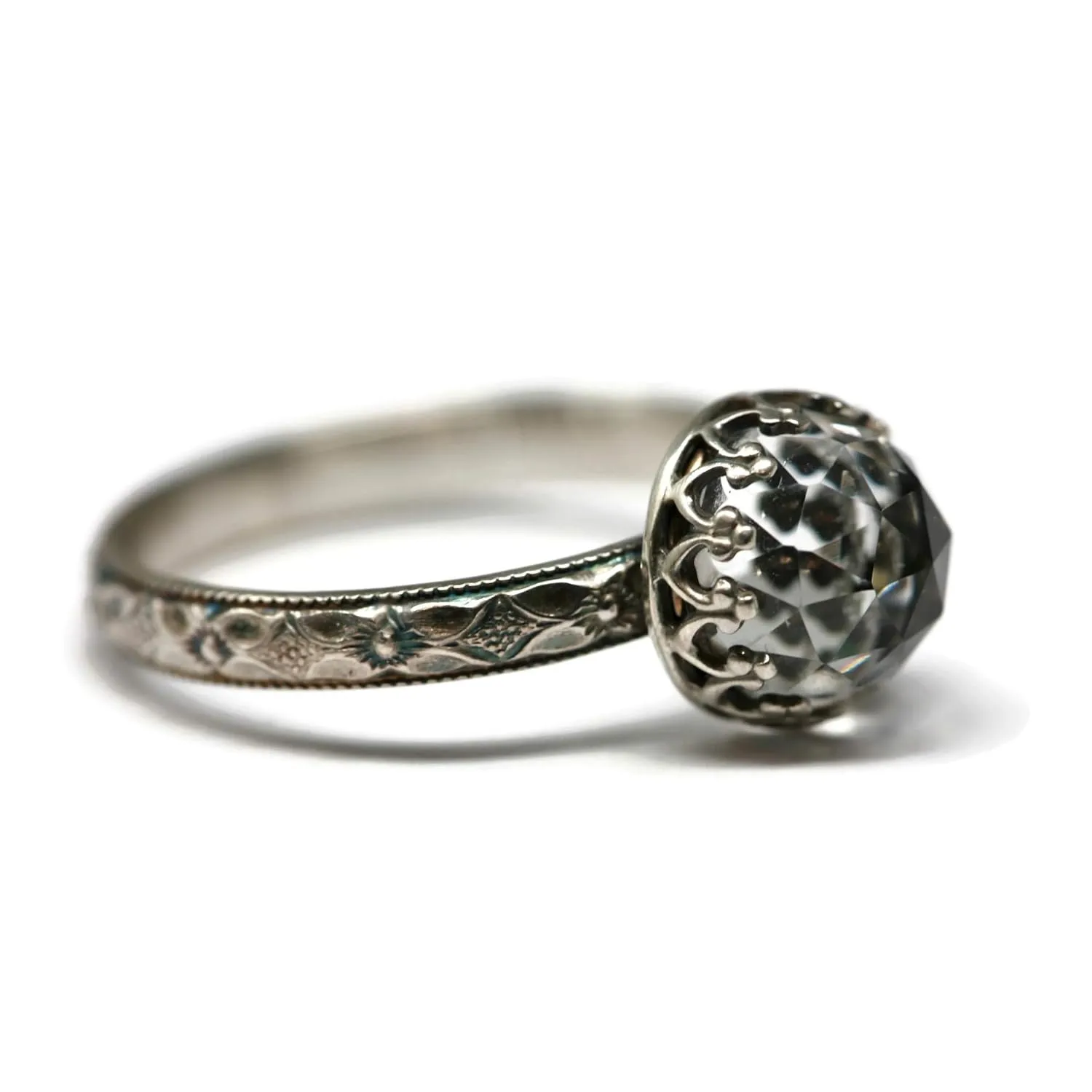 Salish Sea Inspirations 8mm Rose Cut Clear Quartz Ring Symmetrical Flower Crown Vintage Silver