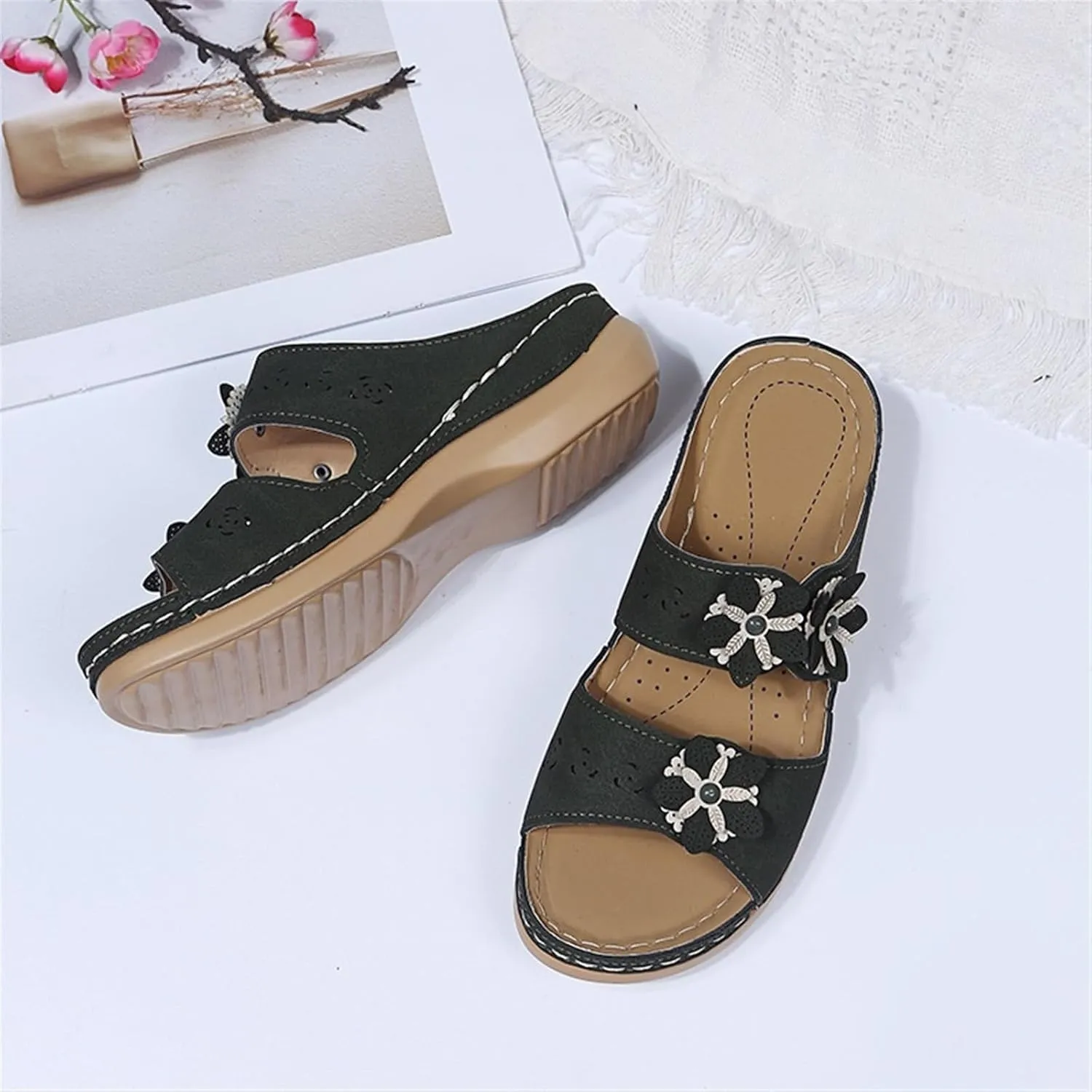 Sandals For Women Flats Open Toe Sandals Hollow Wedge Sandals Orthopedic Arch Support Slip-on Slippers Perforated Backstrap Sandals Flower