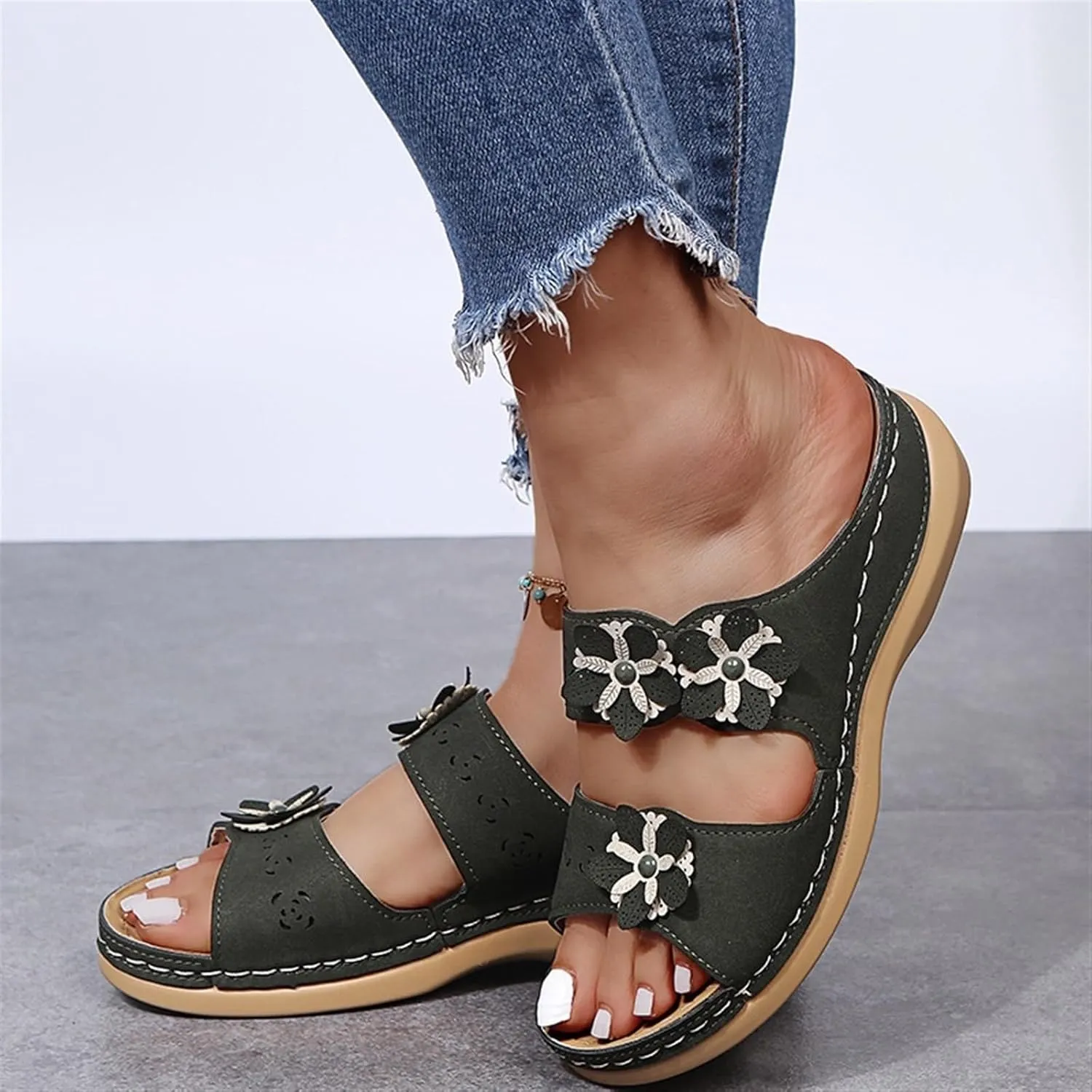 Sandals For Women Flats Open Toe Sandals Hollow Wedge Sandals Orthopedic Arch Support Slip-on Slippers Perforated Backstrap Sandals Flower