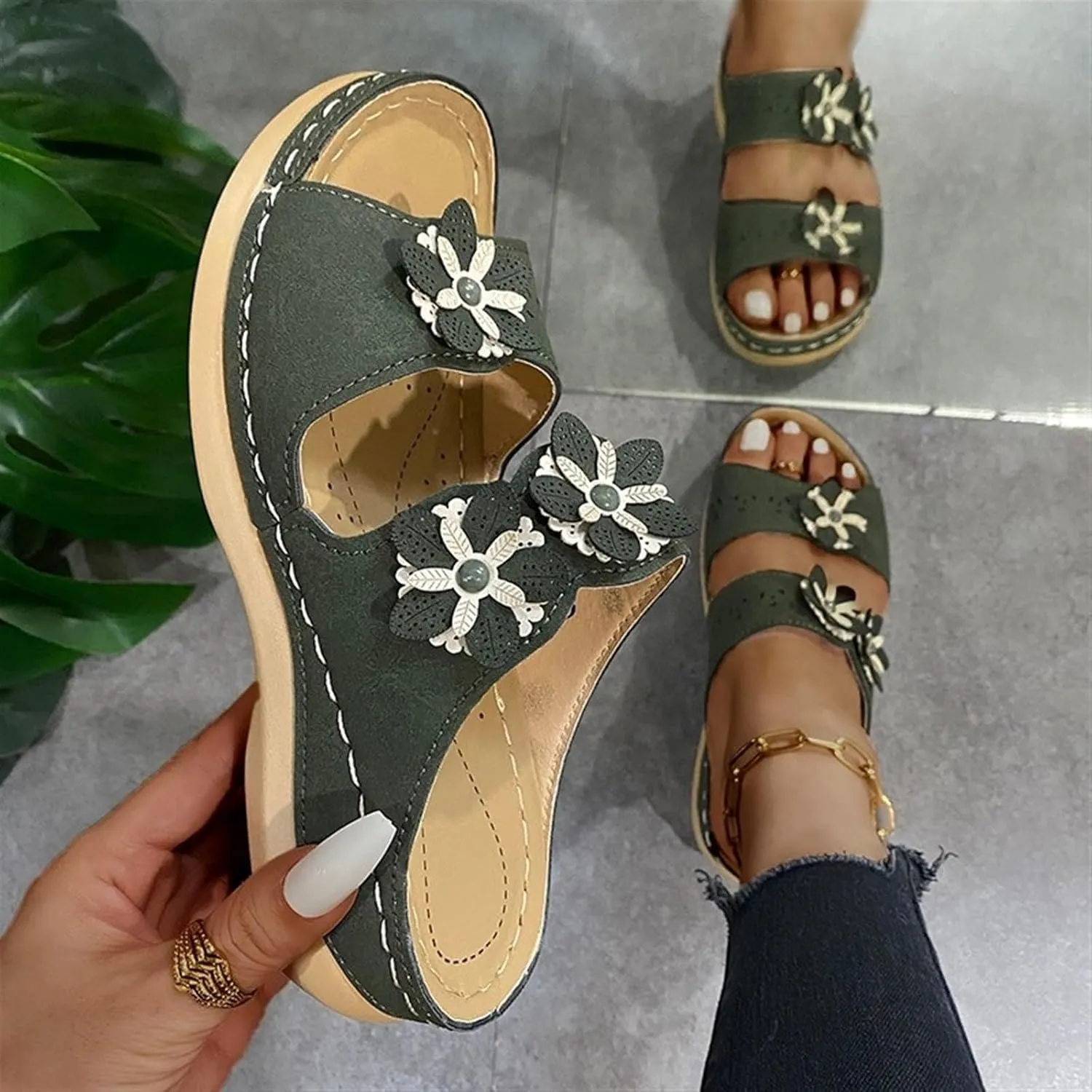 Sandals For Women Flats Open Toe Sandals Hollow Wedge Sandals Orthopedic Arch Support Slip-on Slippers Perforated Backstrap Sandals Flower