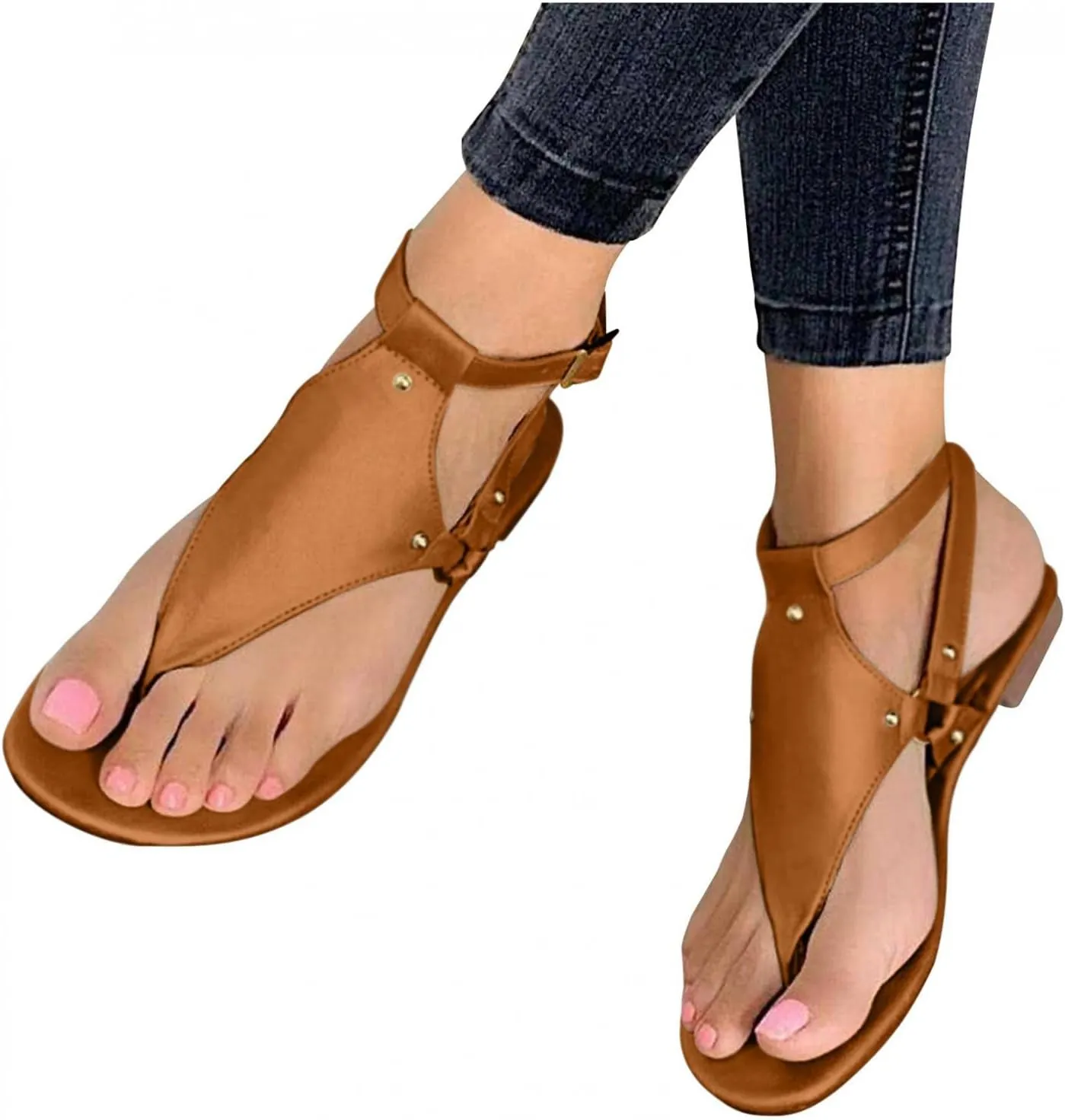 Sandals for Women Summer Women's Summer T Strap Buckle Strap Flat Sandals Flip Flops Roman Beach Sandals Slippers Brown