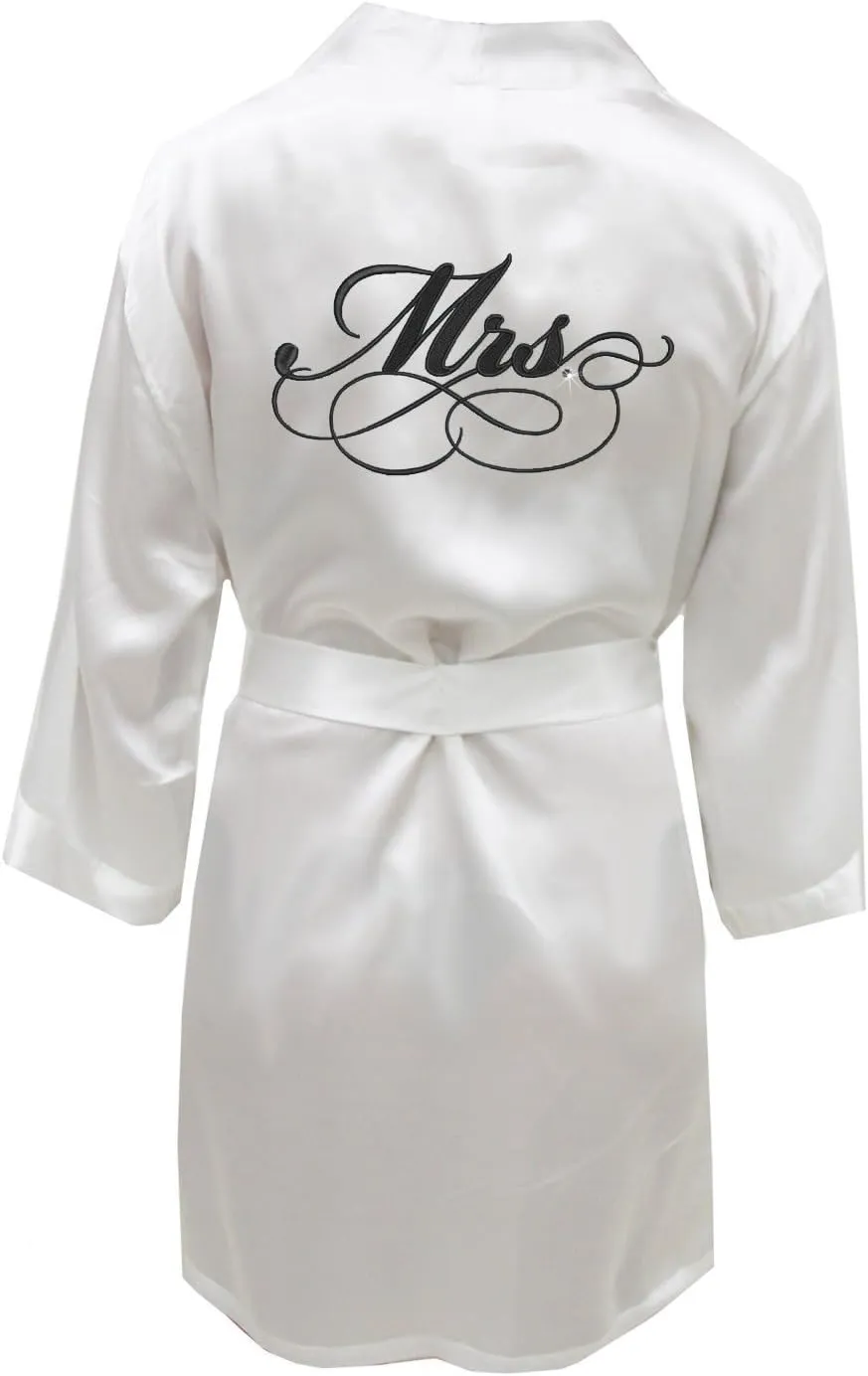 Satin Mrs. Bridal Robe with Bling Accent - White and Black
