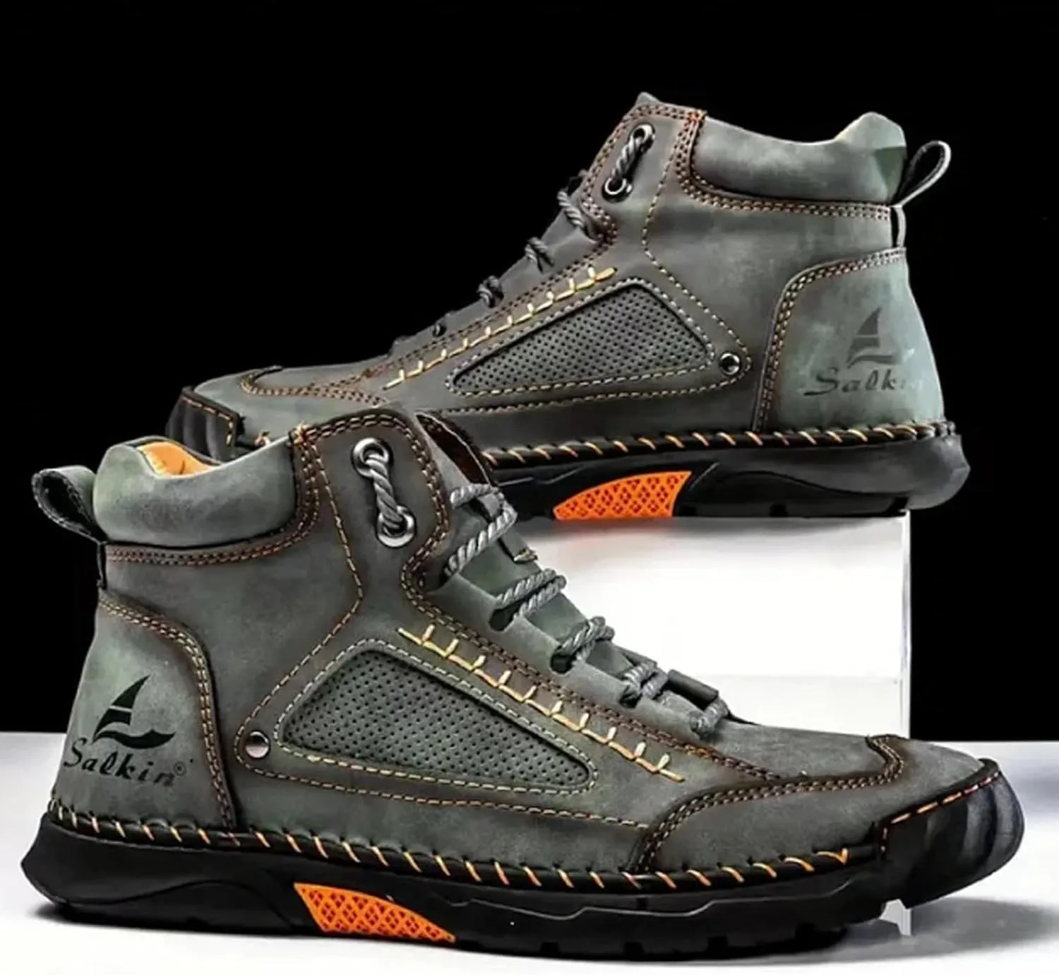 Sawbehind Men's Comfortable Handmade Leather Boots  Waterproof, Arch Support, Spacious Toe Box Outdoor Leather Shoes