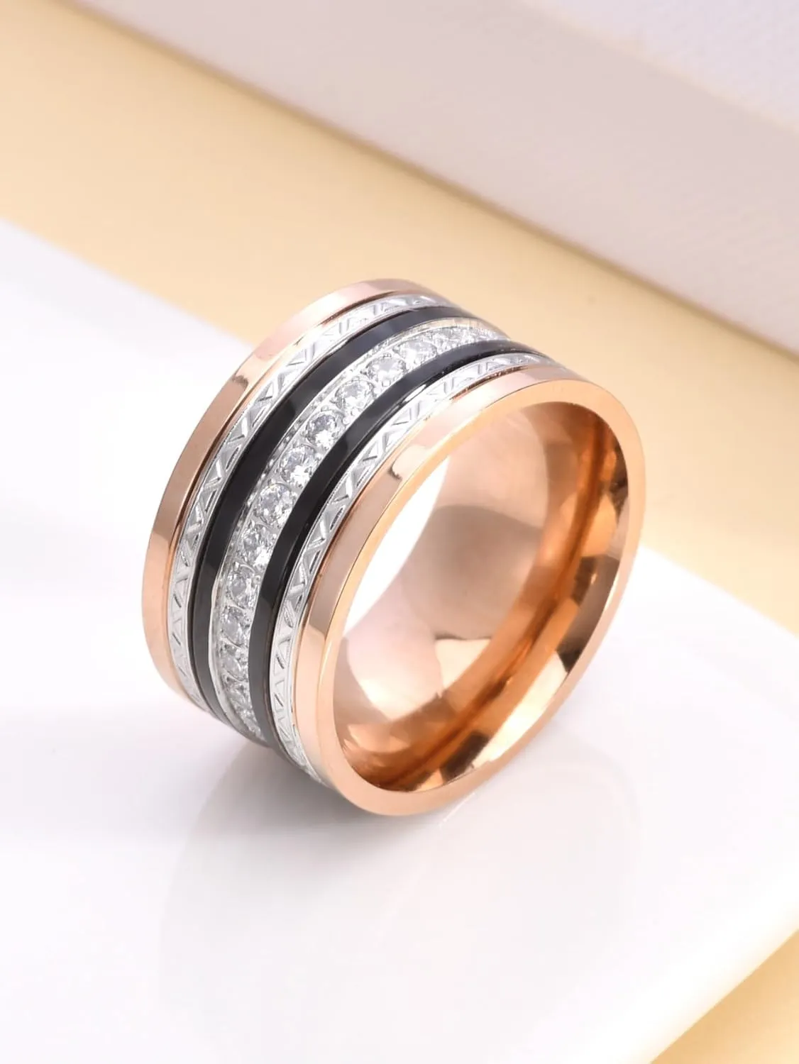 SDA Midnight Diamond Ring for Men, Stainless Steel Figaro Band with CZ,Cubic Zircon Wedding Ring (Rose Gold)