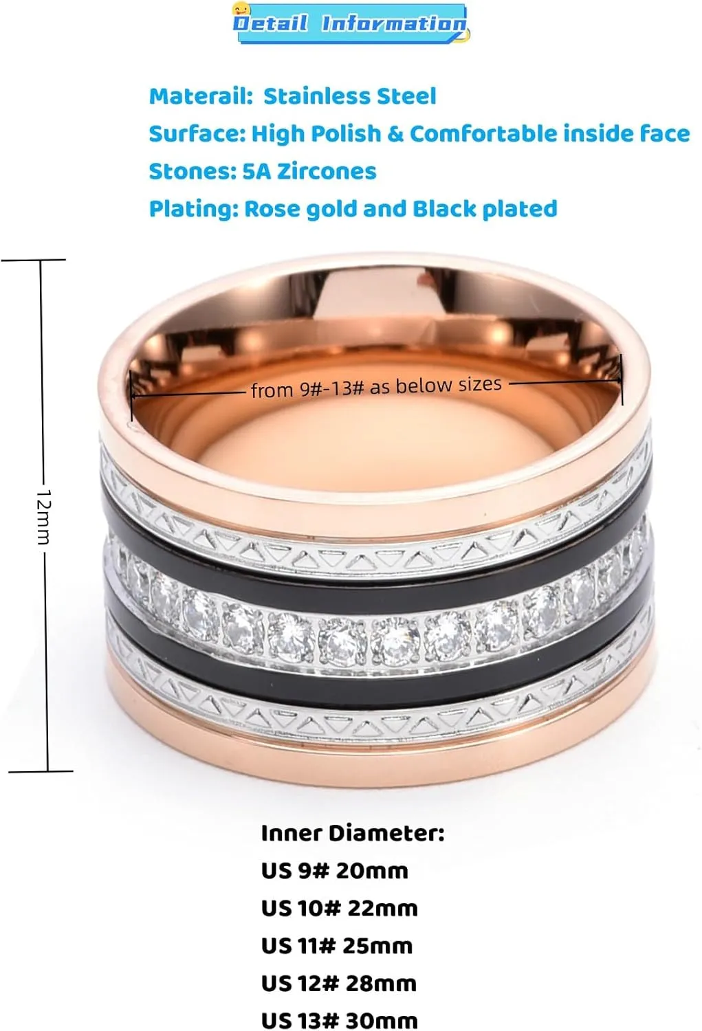 SDA Midnight Diamond Ring for Men, Stainless Steel Figaro Band with CZ,Cubic Zircon Wedding Ring (Rose Gold)