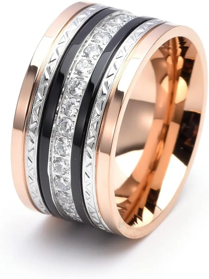 SDA Midnight Diamond Ring for Men, Stainless Steel Figaro Band with CZ,Cubic Zircon Wedding Ring (Rose Gold)