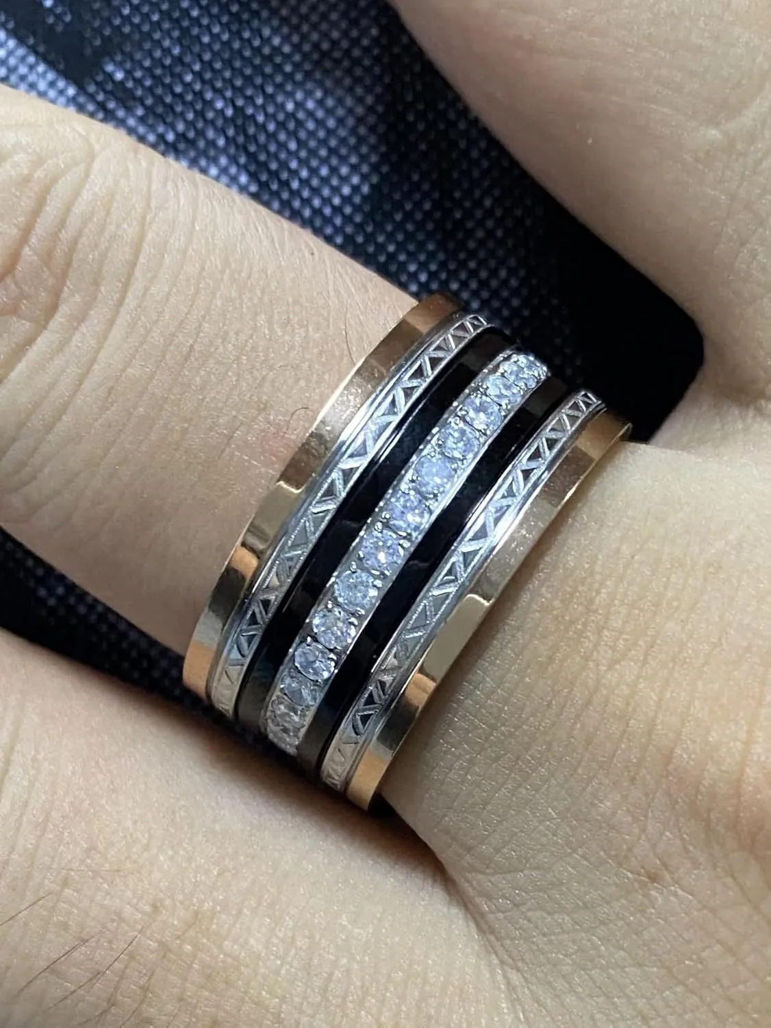 SDA Midnight Diamond Ring for Men, Stainless Steel Figaro Band with CZ,Cubic Zircon Wedding Ring (Rose Gold)