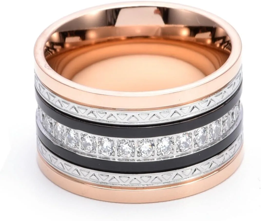 SDA Midnight Diamond Ring for Men, Stainless Steel Figaro Band with CZ,Cubic Zircon Wedding Ring (Rose Gold)