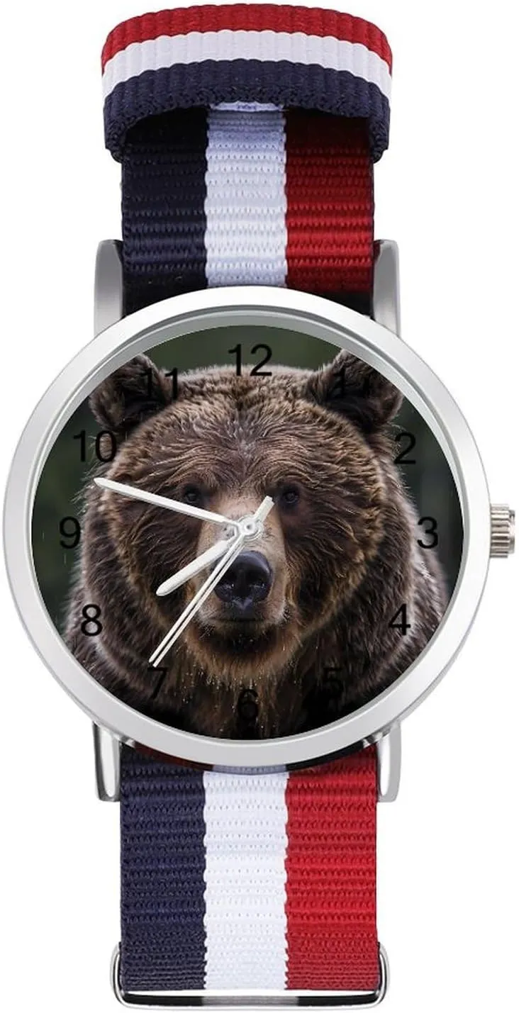 Serious Brown Bear Face Lightweight Wrist Watch Adjustable Nylon Band Outdoor Sport Work Wrist Watch Easy to Read Time